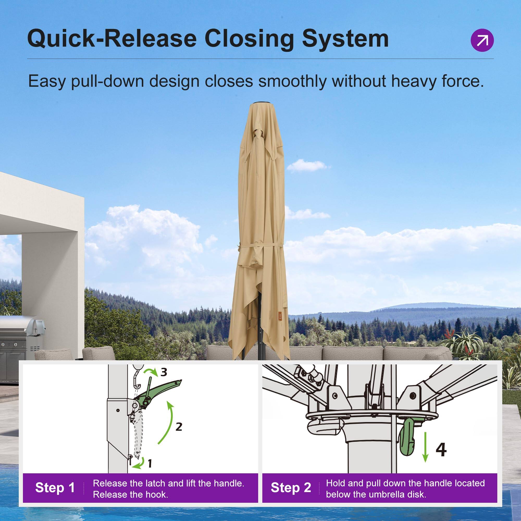 Quick-Release Closing System  
Easy pull-down design closes smoothly without heavy force.  

Step 1  
Release the latch and lift the handle. Release the hook.  

Step 2  
Hold and pull down the handle located below the umbrella disk.