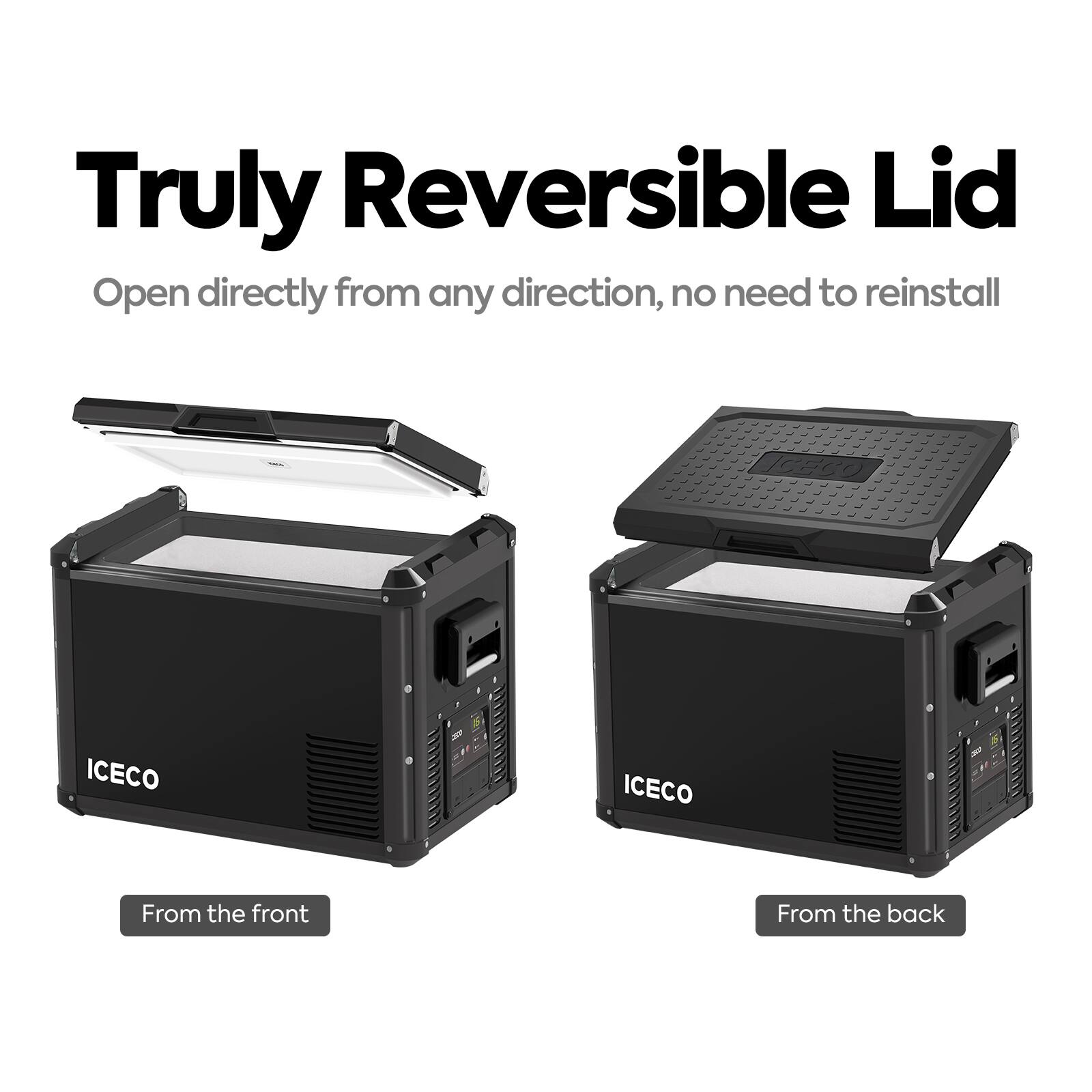 Truly Reversible Lid  
Open directly from any direction, no need to reinstall  

From the front  
From the back