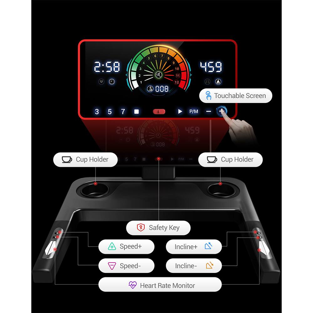 2:58 4 3 2 1 6 7 5 9 10 x 11 12 & 008 459 a A 3 Touchable Screen 3 5 7 P/M - 2:58 459 008 Cup Holder 5 7 PIM Cup Holder Safety Key + Speed+ Incline+ Speed- Incline- Heart Rate Monitor