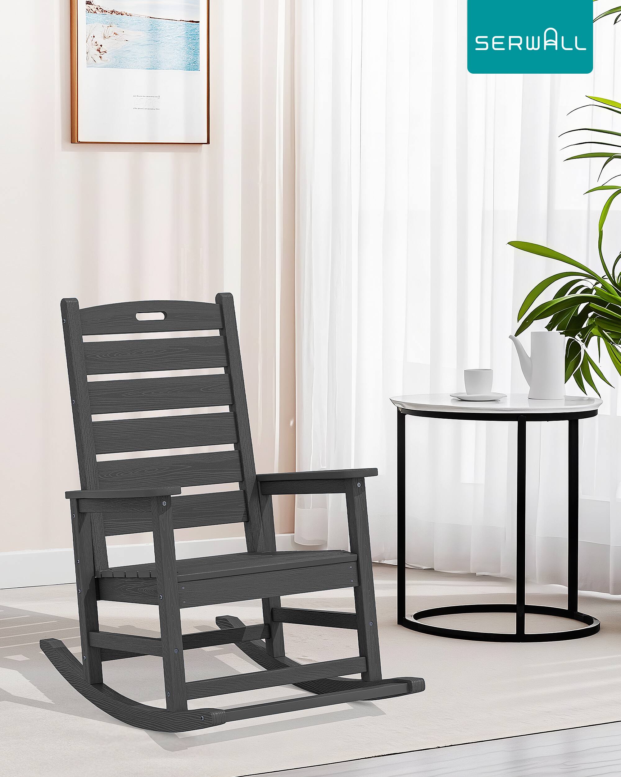 Alt View 6. SERWALL - SERWALL Outdoor Rocking Chair Set of 2, Oversized HDPE Rocker, Gray - Gray.