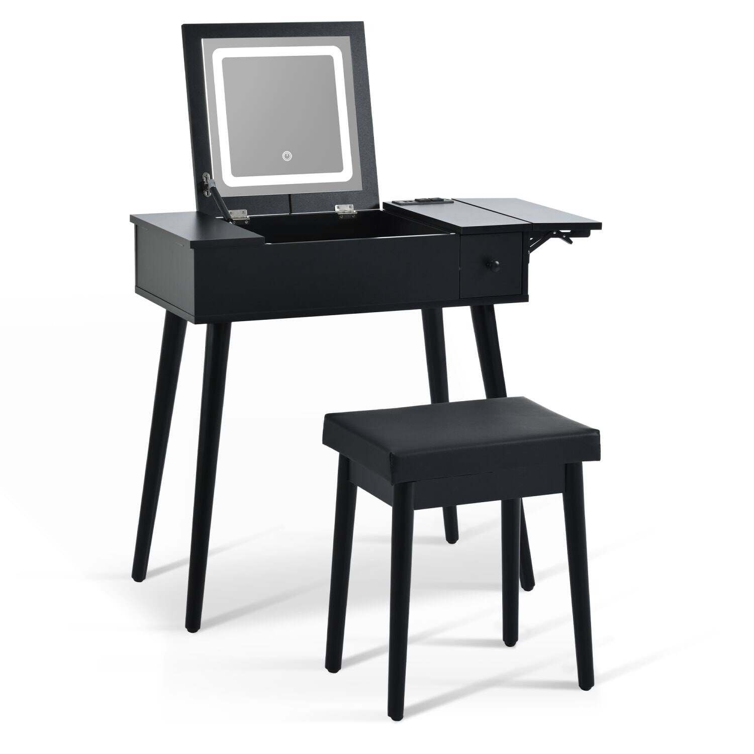 Back. Lirago - Black Wood Dresser Table with Flip Top Mirror LED Light Dressing Table Desk 15.83”D x 27.95“ W x 29.92“ H - Black.