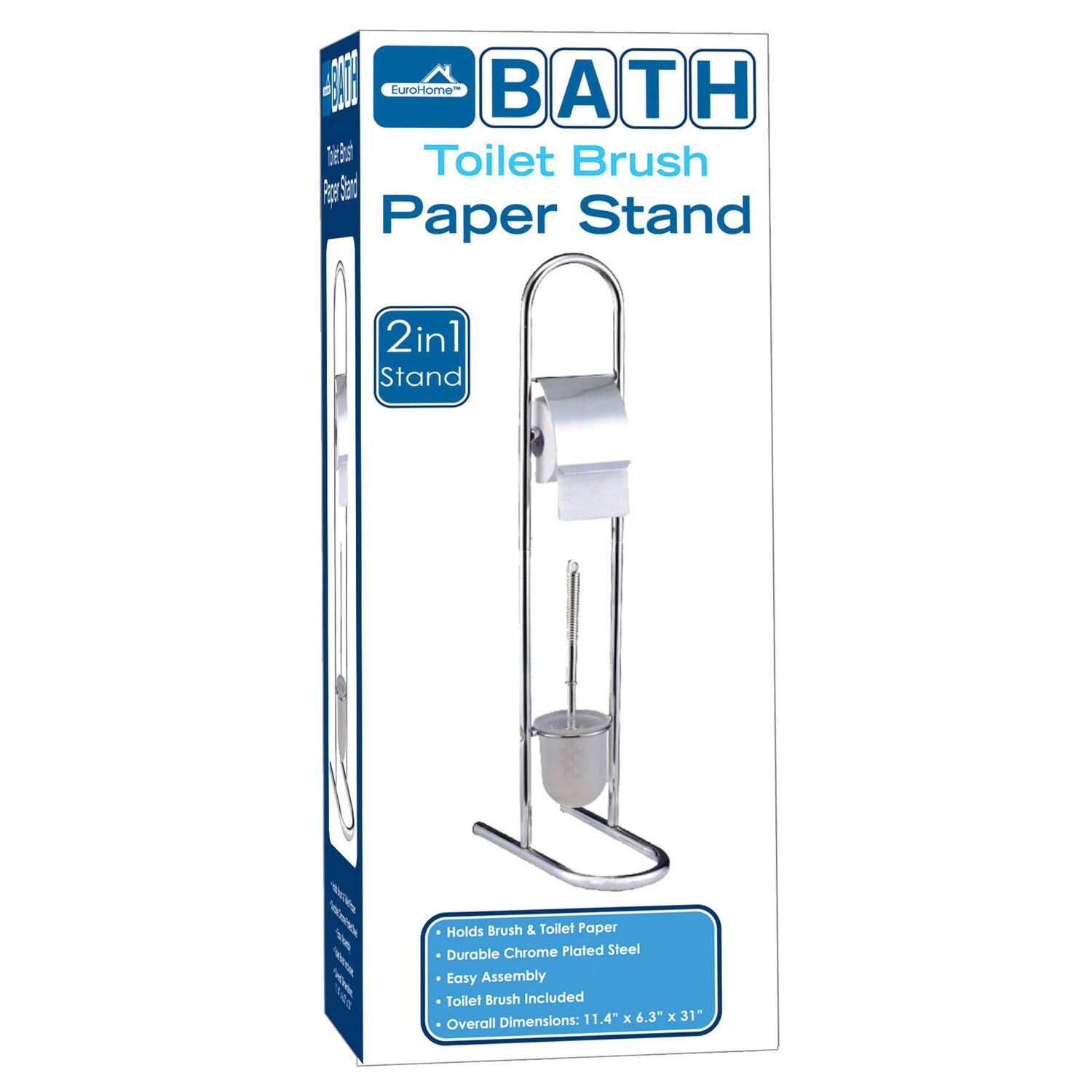 EuroHome BATH Toilet Brush Paper Stand 2 in 1 Stand - Holds Brush & Toilet Paper Durable Chrome Plated Steel Easy Assembly Toilet Brush Included Dimensions: 11.4" x 6.3" x 31" Overall