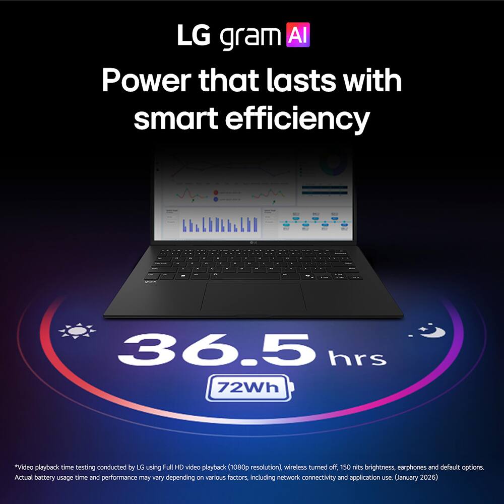 LG gram AI  
Power that lasts with smart efficiency

36.5 hrs  
72Wh

*Video playback time testing conducted by LG using Full HD video playback (1080p resolution), wireless turned off, 150 nits brightness, earphones and default options. Actual battery usage time and performance may vary depending on various factors, including network connectivity and application use. (January 2026)
