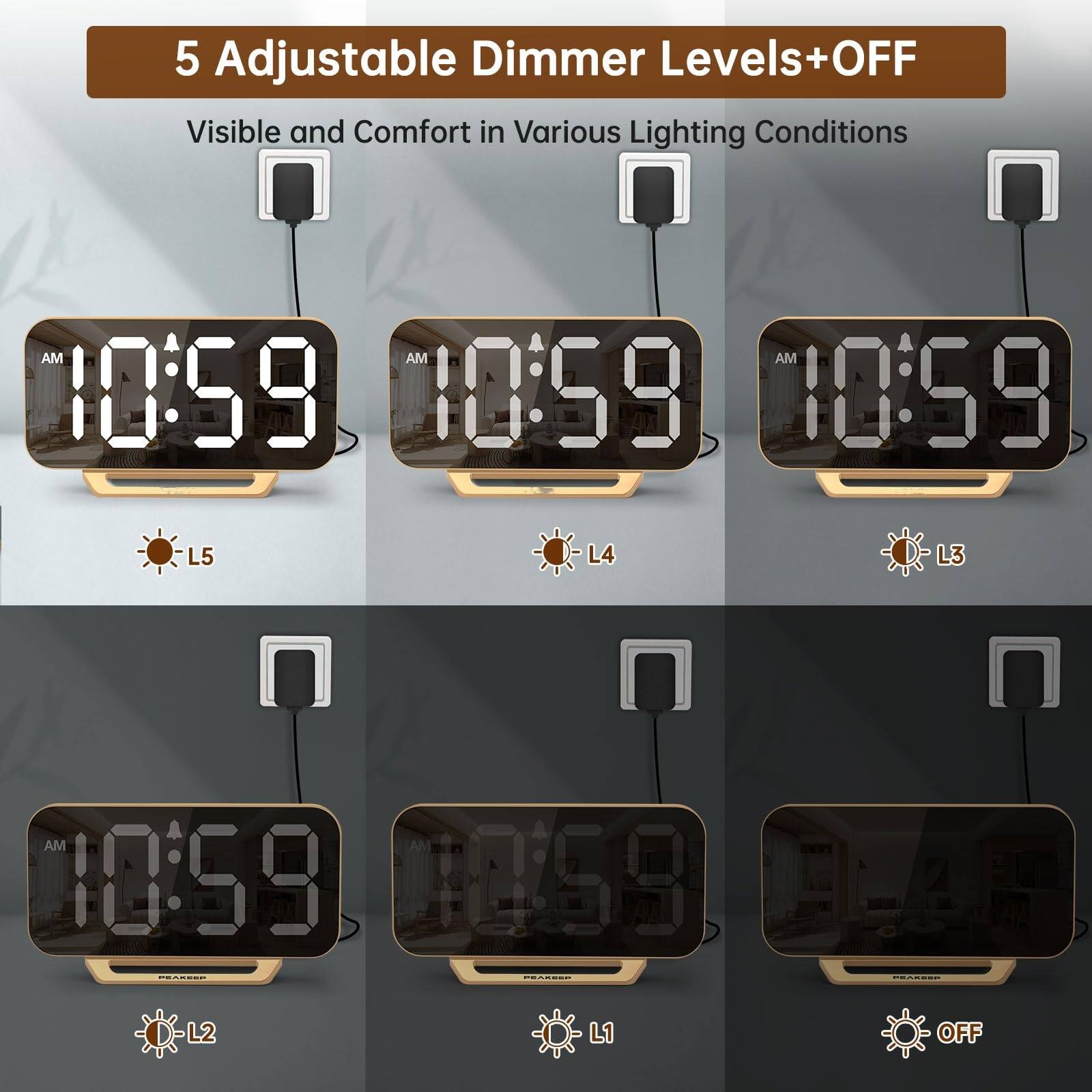 Back. Dazzed Corner - Digital Mirror Alarm Clock,Plug in LED Modern Clock, Battery Backup - Gold.