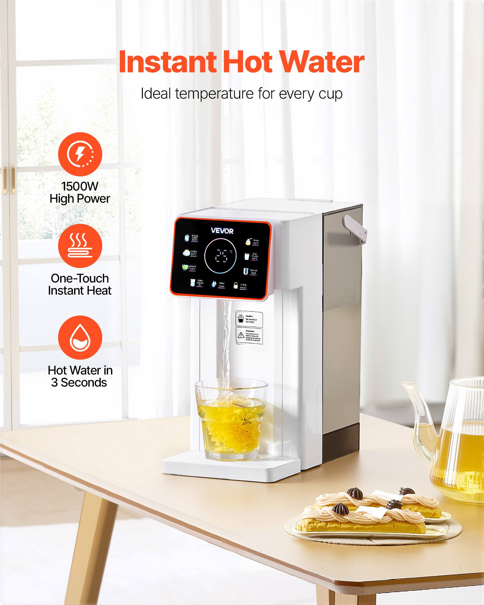 Instant Hot Water  
Ideal temperature for every cup  

1500W High Power  

VEVOR  

One-Touch Instant Heat  

Hot Water in 3 Seconds