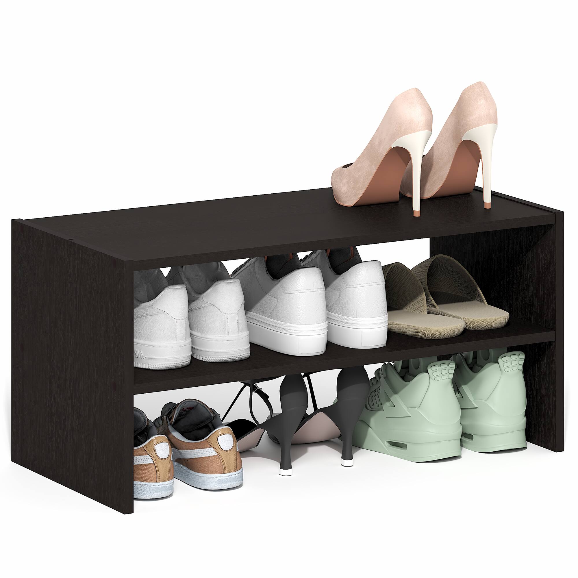 Front. Furinno - FANO Stackable Shoe Storage, Shoe Rack, 24-Inch Width Shoe Organizer, for Closet Entryway, Office, Garage - Black Dark Oak.