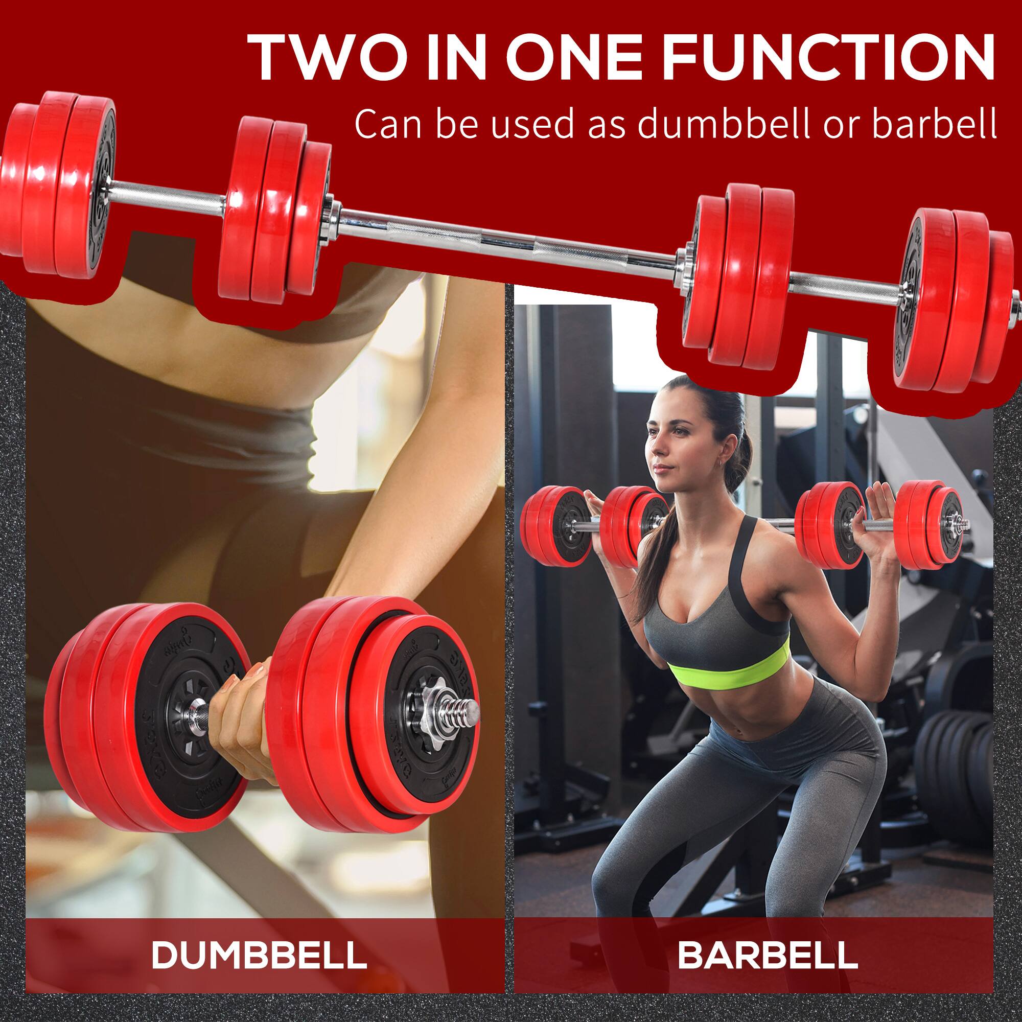 TWO IN ONE FUNCTION  
Can be used as dumbbell or barbell  

DUMBBELL  
BARBELL