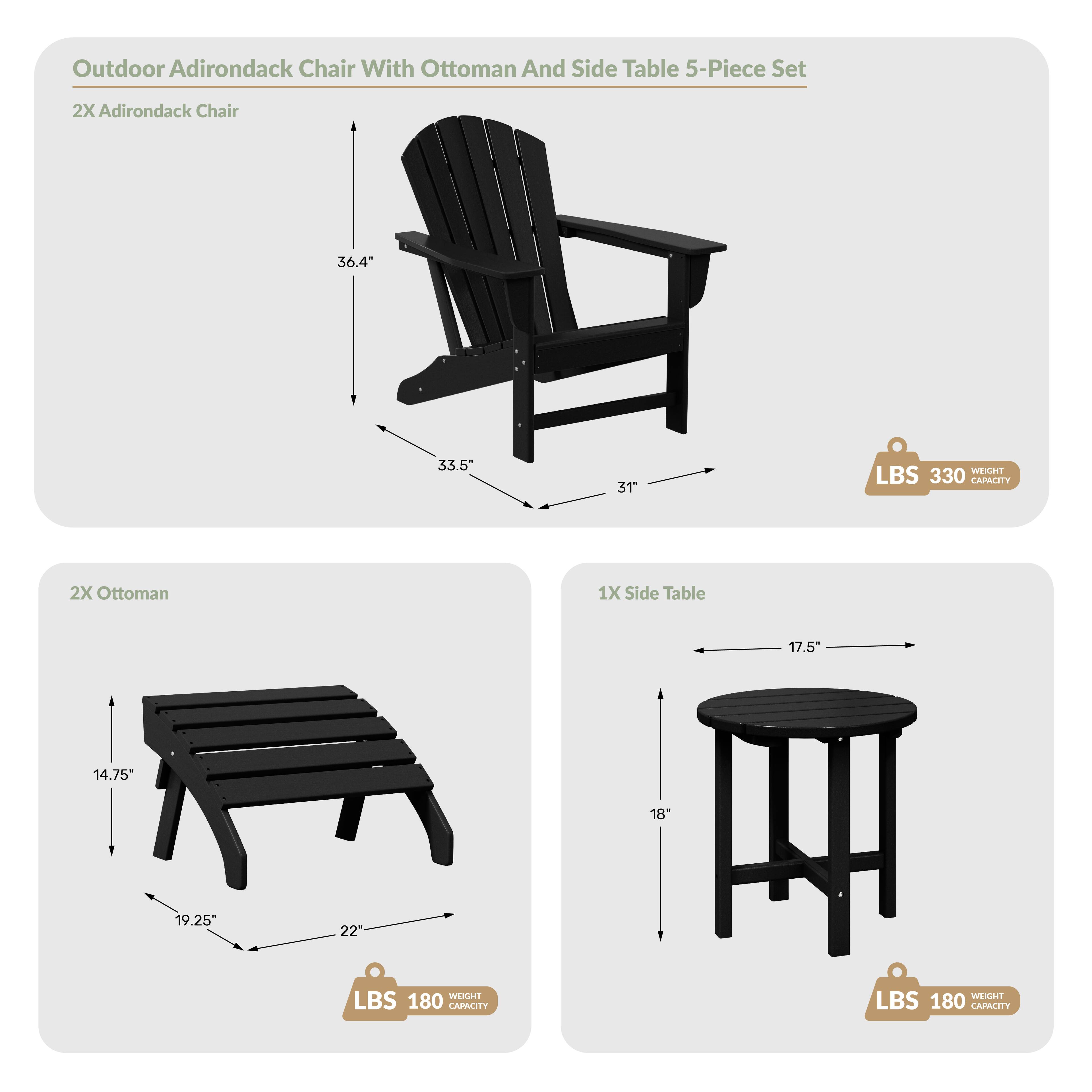 Outdoor Adirondack Chair With Ottoman And Side Table 5-Piece Set

2X Adirondack Chair
- Height: 36.4"
- Depth: 33.5"
- Width: 31"
- Weight Capacity: 330 LBS

2X Ottoman
- Height: 14.75"
- Depth: 19.25"
- Width: 22"
- Weight Capacity: 180 LBS

1X Side Table
- Height: 17.5"
- Depth: 18"
- Weight Capacity: 180 LBS