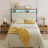 Pinmoco - Full Size LED Linen Upholstered Storage Headboard with Charging Station - Beige - Beige - Front_Zoom