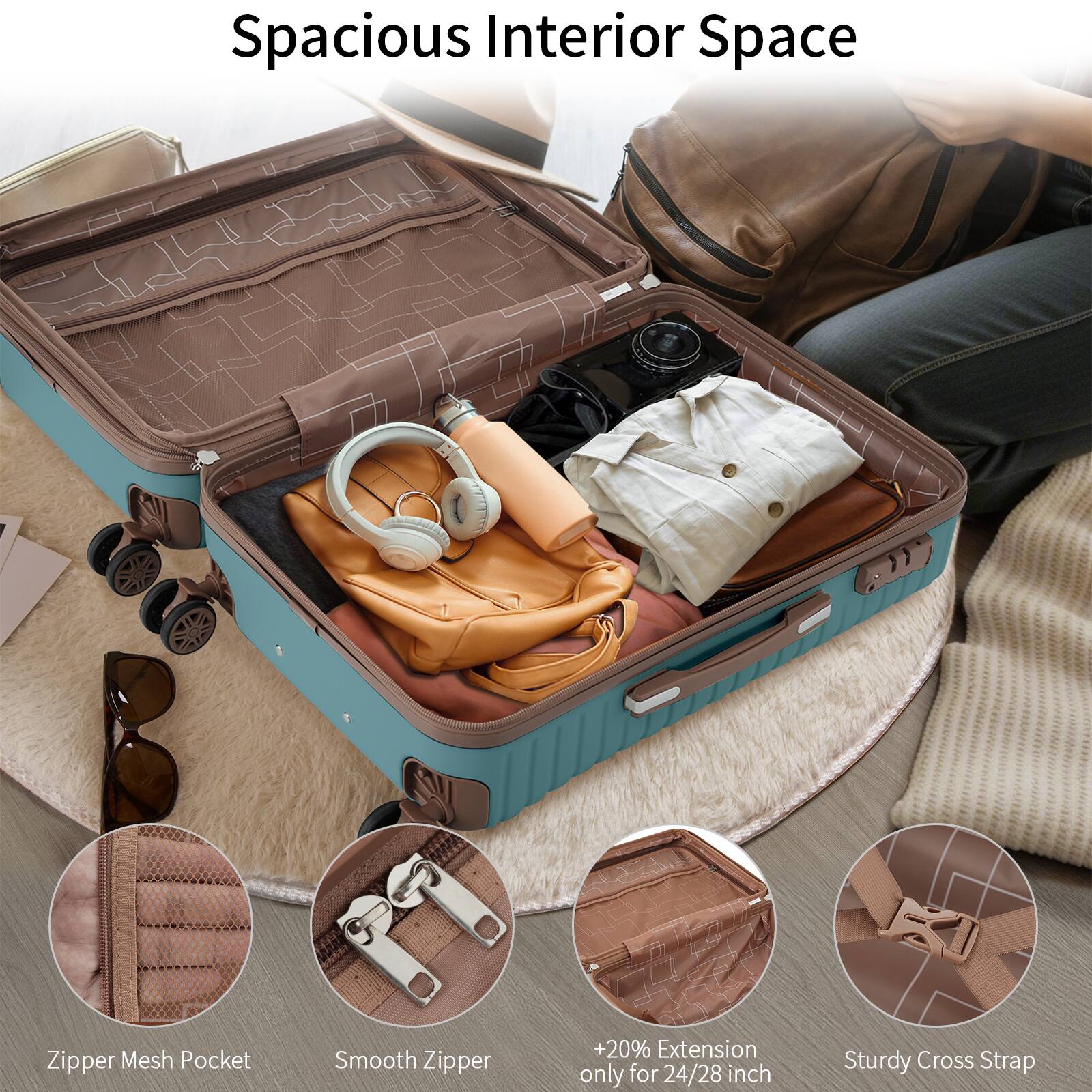 Spacious Interior Space

- Zipper Mesh Pocket
- Smooth Zipper
- +20% Extension only for 24/28 inch
- Sturdy Cross Strap