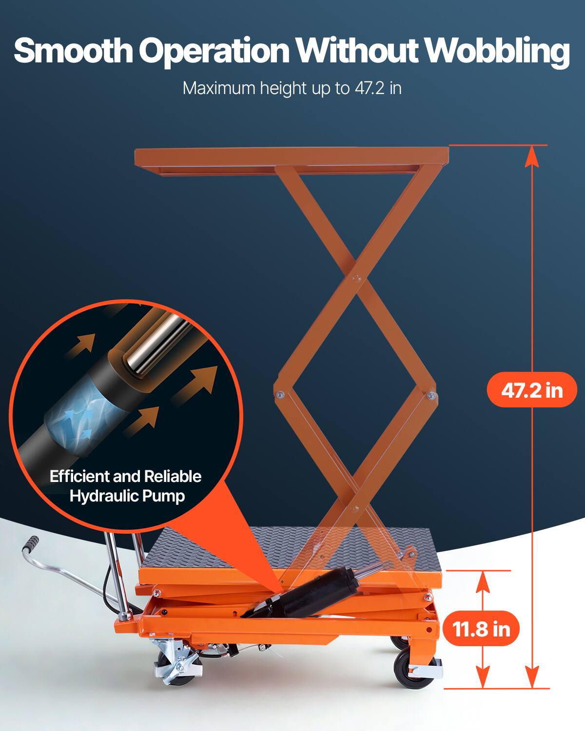 Smooth Operation Without Wobbling  
Maximum height up to 47.2 in  
Efficient and Reliable Hydraulic Pump  
11.8 in