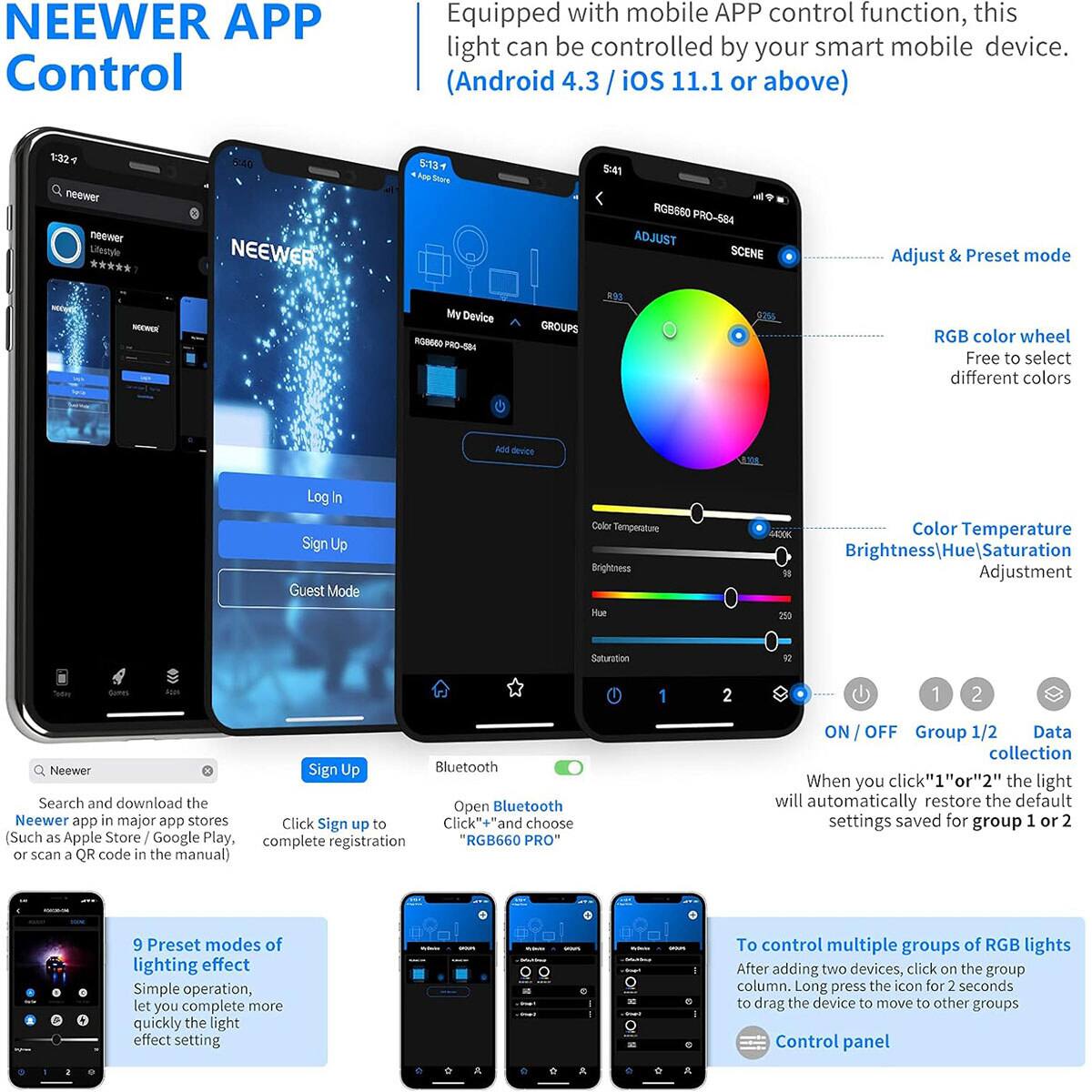 NEEWER APP Control

Equipped with mobile APP control function, this light can be controlled by your smart mobile device. (Android 4.3 / iOS 11.1 or above)

1:32 neewer neewer Unnstyle NEEWER 513 -p Sars 54 a ROB650 PRO-584

ADJUST SCENE
Adjust & Preset mode

My Device
AG0660 PRO-SM

GROUPS

32 RGB color wheel
Free to select different colors

AM device

Log In
Sign Up
Guest Mode

Color Temperature
Brightness
Hue|Saturation Adjustment

250
Saturation
1
1
2
1
2

Neewer

Sign Up

Bluetooth

Search and download the NEEWER app in major app stores (Such as Apple Store / Google Play, complete registration "RGB660 PRO" or scan QR code in the manual)

ON I OFF
Group 1/2
Data collection

When you click "1" or "2" the light will automatically restore the default settings saved for group 1 or 2

9 Preset modes of lighting effect
Simple operation