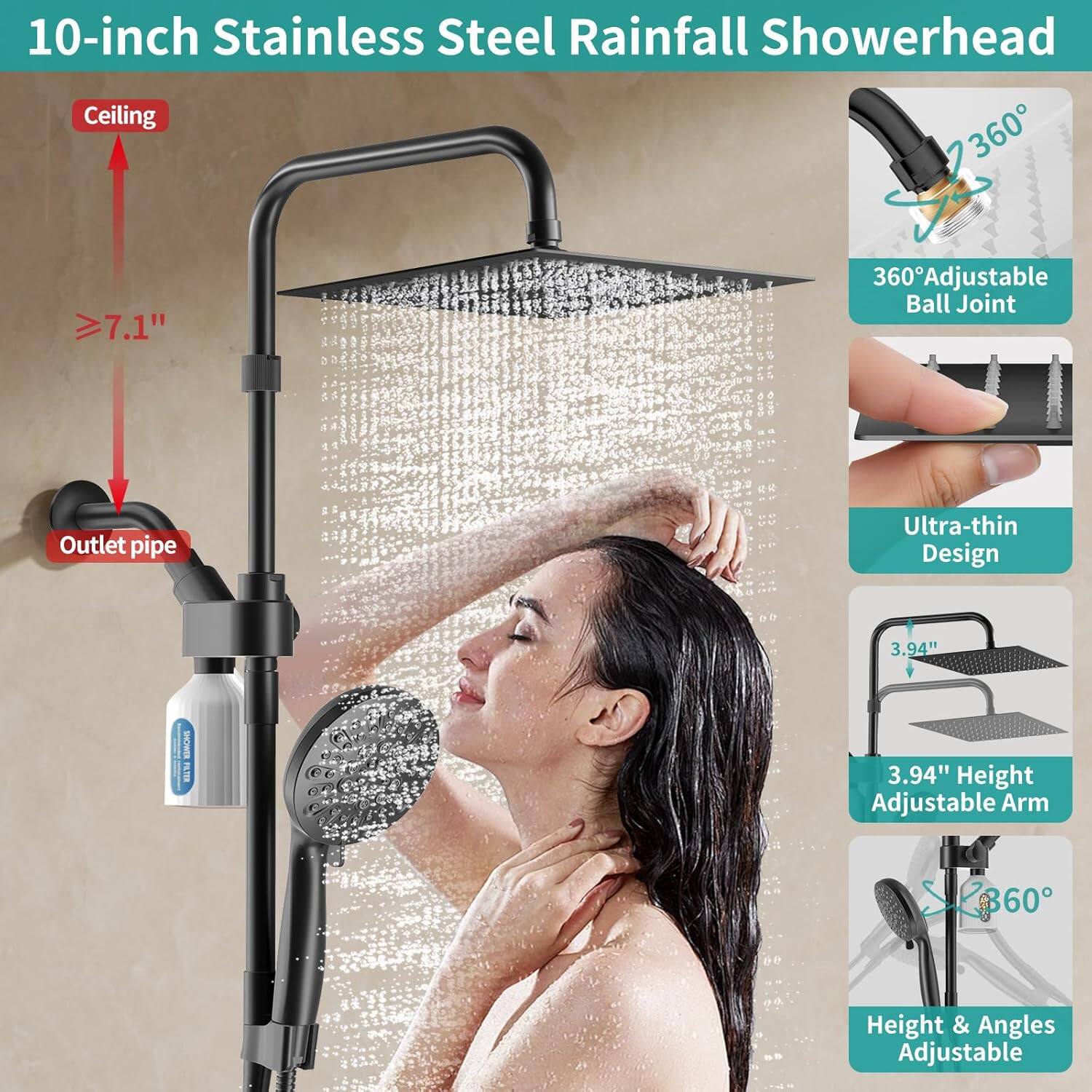 10-inch Stainless Steel Rainfall Showerhead Ceiling 7.1" 360° Adjustable Ball Joint Outlet Pipe Ultra-thin Design 3.94" Height Adjustable Arm 360° Height & Angles Adjustable