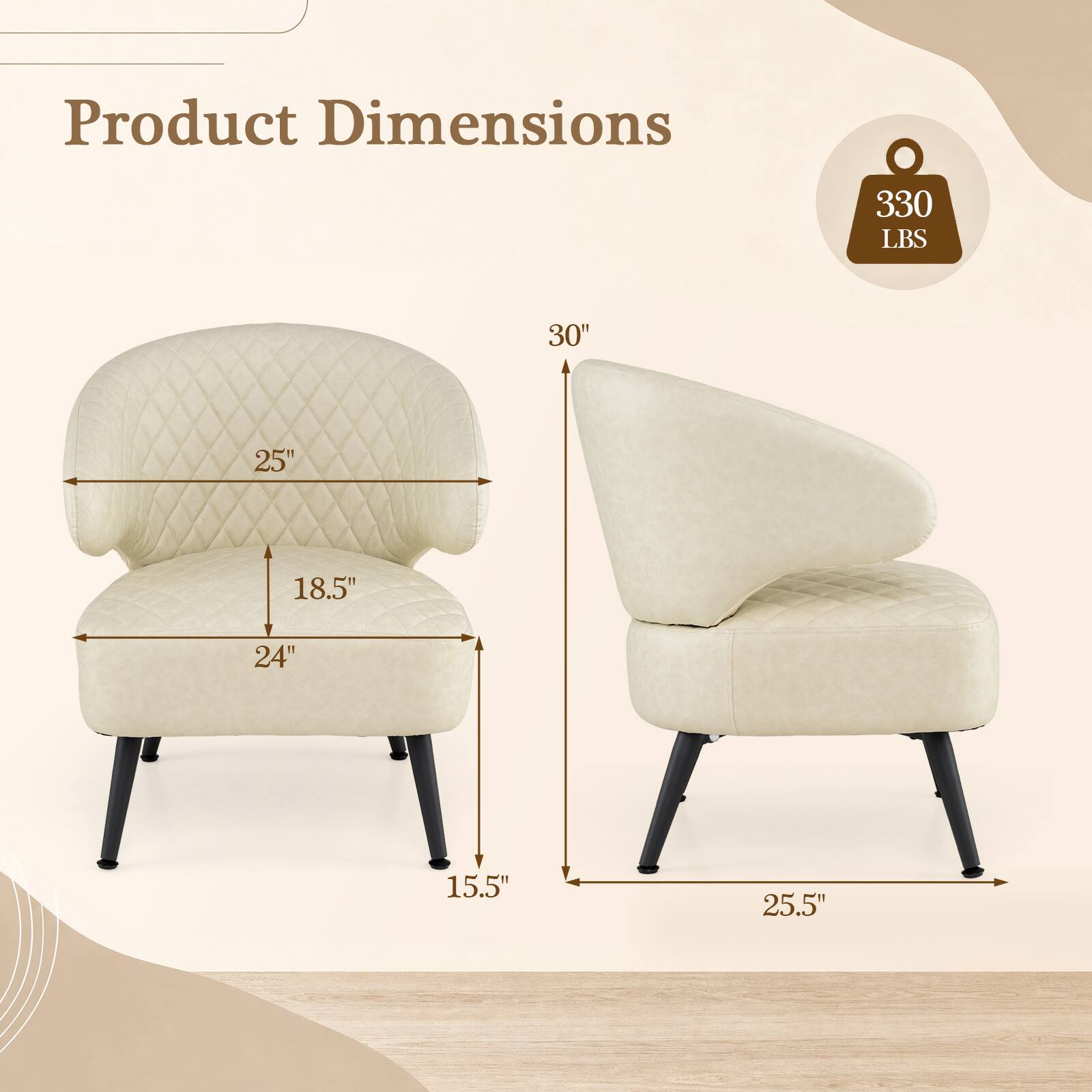 Product Dimensions
330 LBS
30"
25"
18.5"
24"
15.5"
25.5"