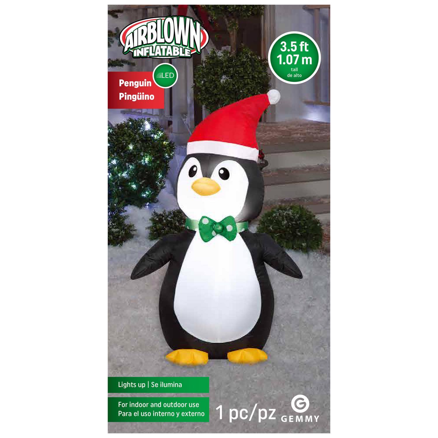 AIRBLOWN INFLATABLE  
Penguin Pingüino  
3.5 ft 1.07 m tall de alto  
Lights up | Se ilumina  
For indoor and outdoor use | Para el uso interno y externo  
1 pc/pz  
GEMMY