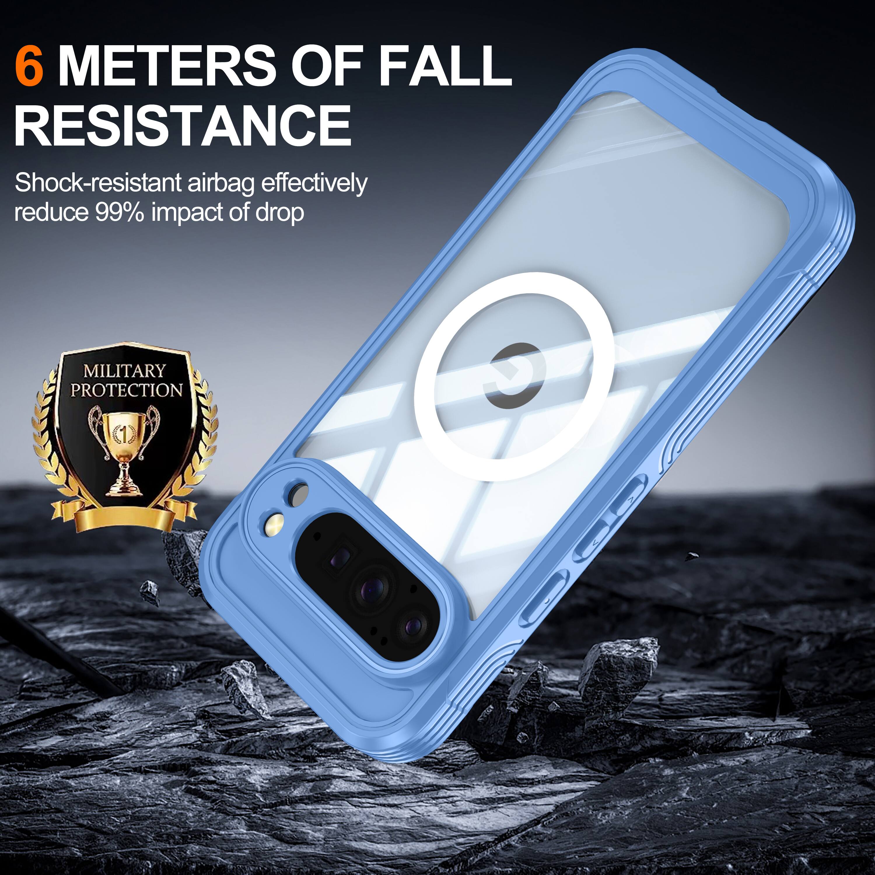 6 METERS OF FALL RESISTANCE  
Shock-resistant airbag effectively reduce 99% impact of drop  
MILITARY PROTECTION
