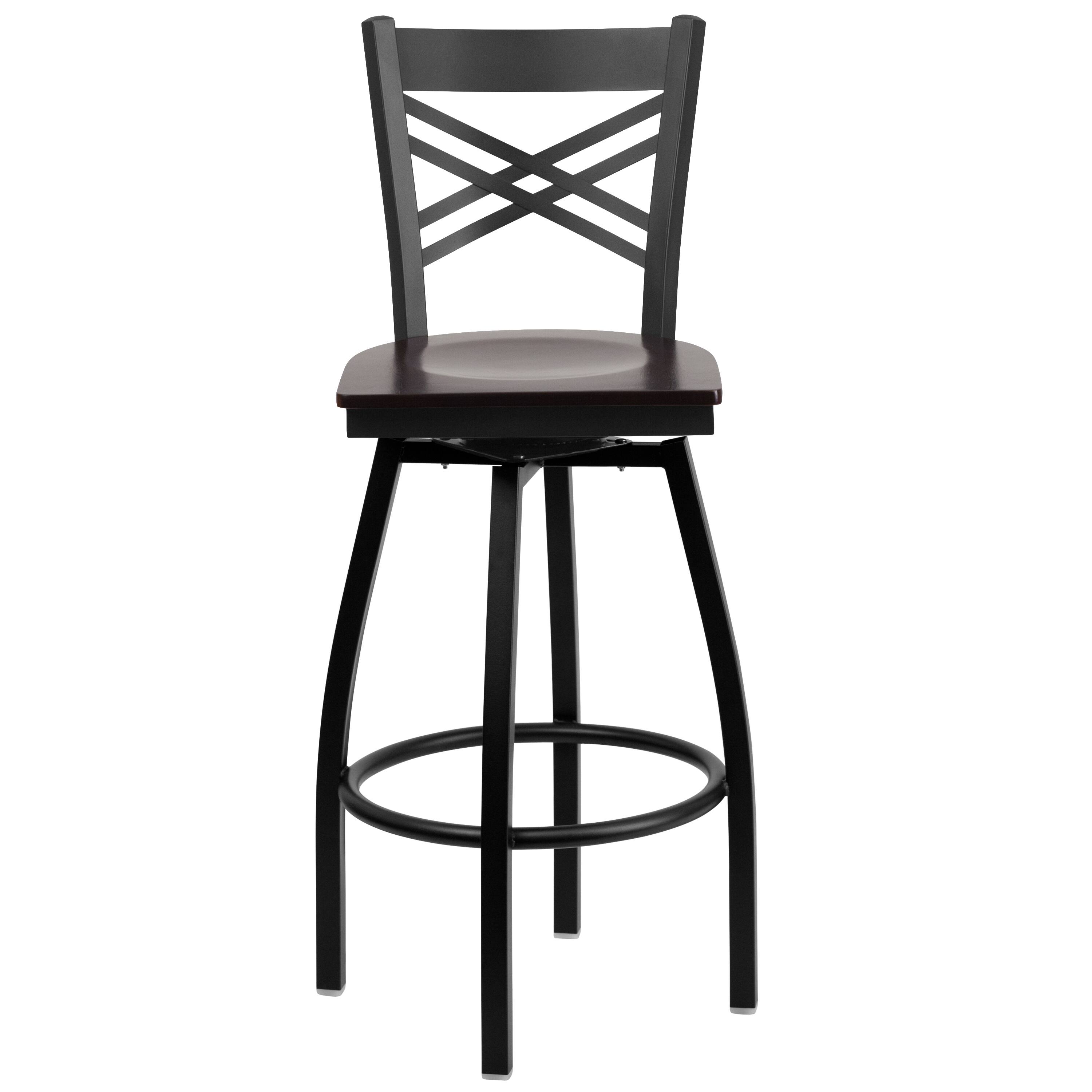 Alt View 6. Emma + Oliver - 2 Pack "X" Back Swivel Metal Barstool - Walnut Wood Seat/Black Metal Frame.
