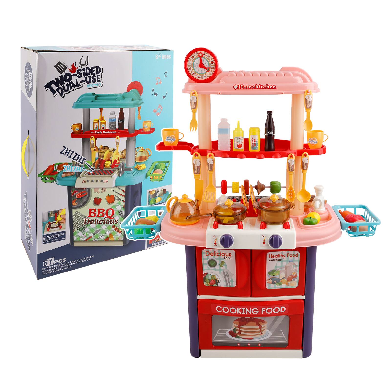 Two-Sided Dual Use Kitchen - 3+ Ages  
ZHIZHI ZHIZHI  
BBQ Delicious  
61 PCS  
Homekitchen  
Delicious Food  
Healthy Food Nutrition  
COOKING FOOD