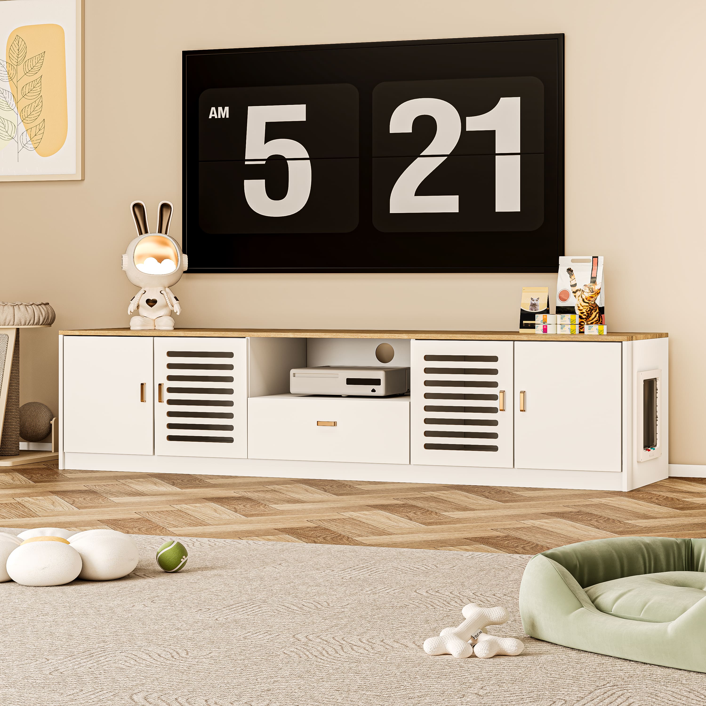 MSOOB - 78.7" Entertainment Center Hidden Cat Litter Box Enclosure for 85" TV, Modern Wood TV Stand with Storage and Drawer - White