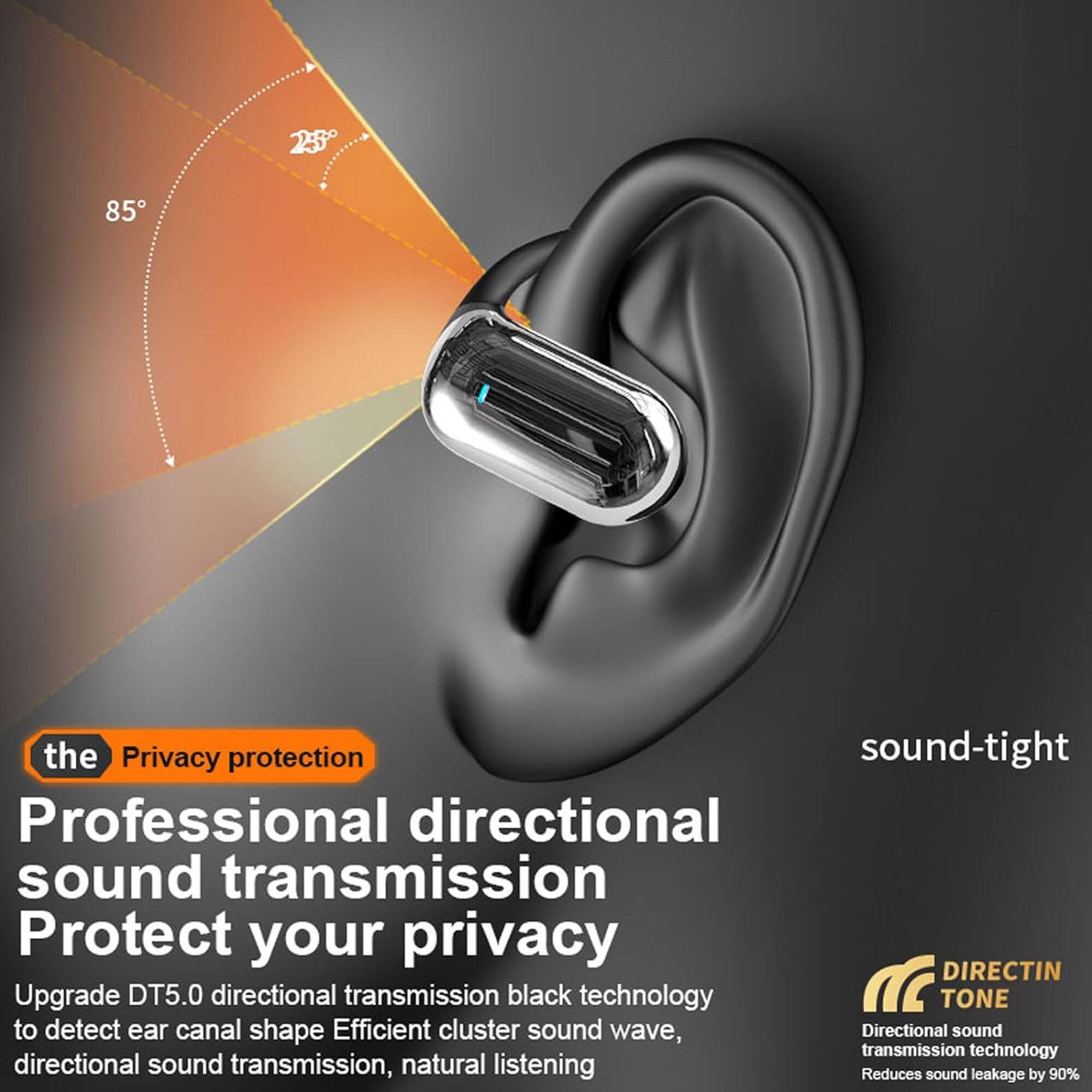 23 85 the Privacy protection sound-tight Professional directional sound transmission Protect your privacy DIRECTIN Upgrade DT5.0 directional transmission black technology TONE to detect ear canal shape Efficient cluster sound wave, Directional sound transmission technology directional sound transmission, natural listening Reduces sound by 90% leakage

the Privacy protection

Professional directional sound transmission Protect your privacy

Upgrade DT5.0 directional transmission black technology to detect ear canal shape. Efficient cluster sound wave, directional sound transmission, natural listening

sound-tight

DIRECTIN TONE

Directional sound transmission technology

Reduces sound leakage by 90%
