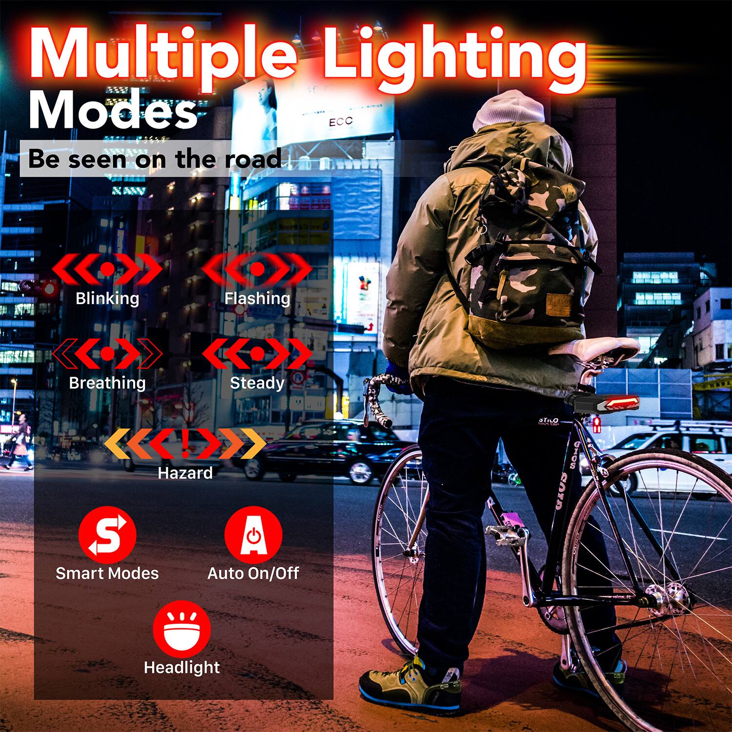 Multiple Lighting Modes  
Be seen on the road  

- Blinking  
- Flashing  
- Breathing  
- Steady  
- Hazard  

Smart Modes  
Auto On/Off  
Headlight