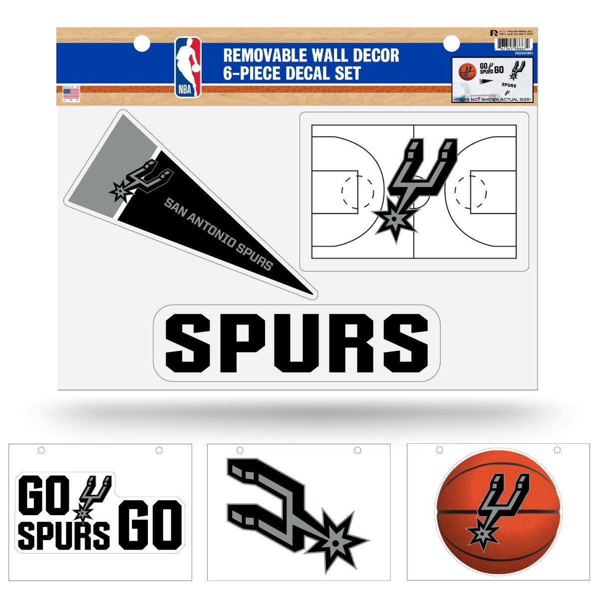 REMOVABLE WALL DECOR  
6-PIECE DECAL SET  

SAN ANTONIO SPURS  

SPURS  

GO SPURS GO  

GO SPURS GO  

NBA