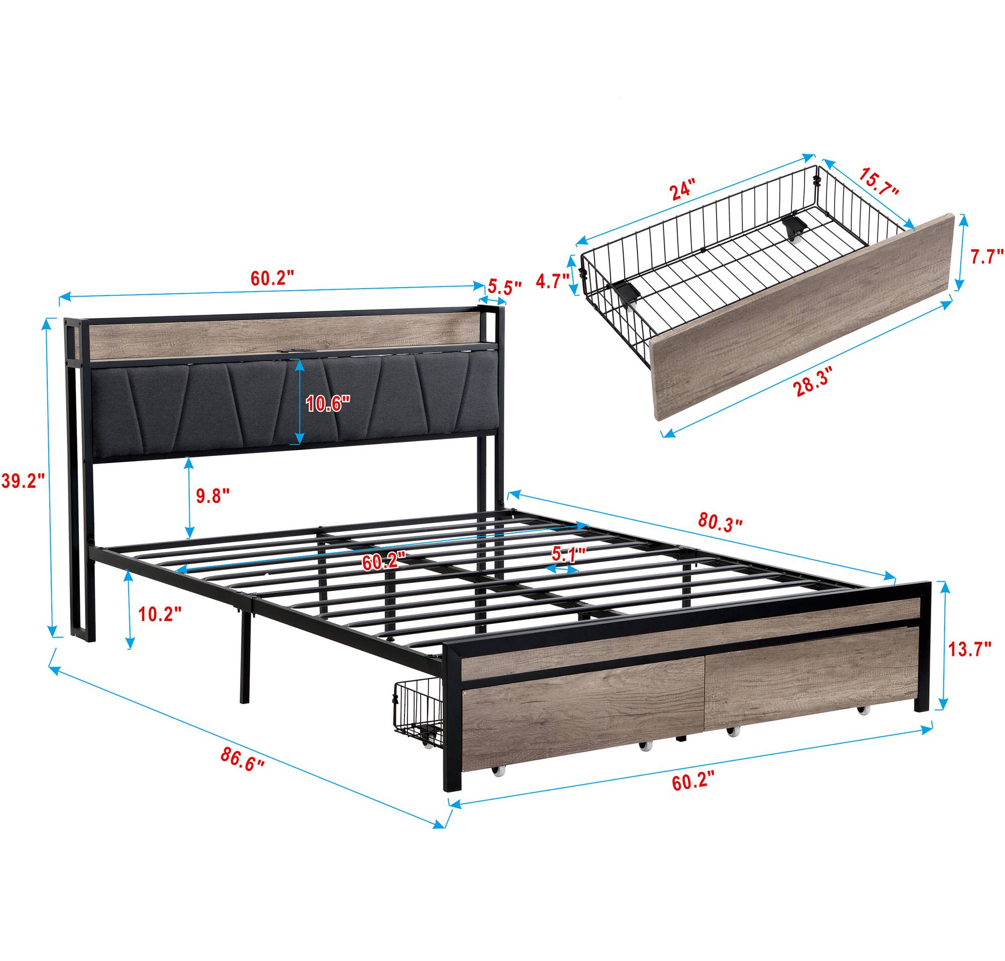 Sure, here is the corrected and grouped text from the image:

- **Dimensions of the Bed:**
  - Length: 86.6"
  - Width: 60.2"
  - Height: 39.2"
  - Height from floor to bottom shelf: 10.2"
  - Height from floor to top shelf: 80.3"
  - Height from floor to top of the bed: 9.8"
  - Height from floor to top of the headboard: 10.6"
  - Depth of the bed: 5.5"
  - Depth of the top shelf: 5.1"
  - Depth of the bottom shelf: 5.1"

- **Dimensions of the Trundle:**
  - Length: 28.3"
  - Width: 15.7"
  - Height: 7.7"
  - Depth: 4.7"
  - Height from floor to top of the trundle: 5.4"

- **Additional Dimensions:**
  - Width of the side rail: 24"