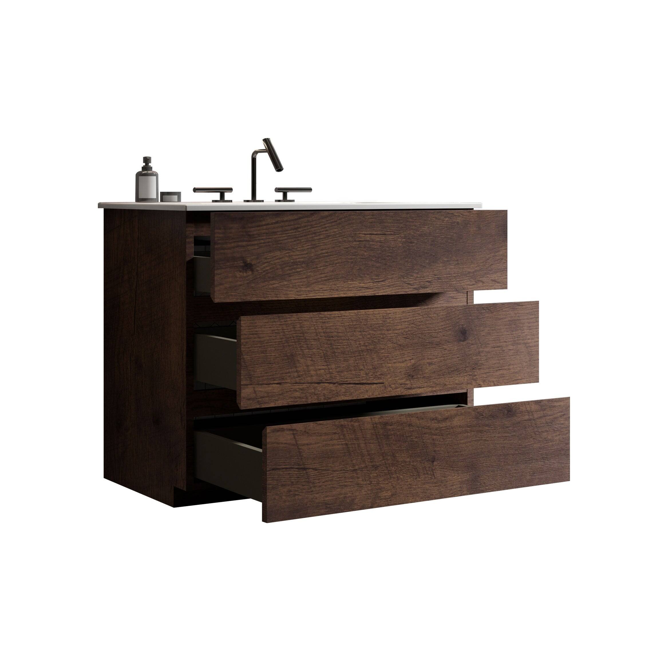 Alt View 2. Boyel Living - 36 Inch Walnut Bathroom Vanity with Sink, Large Storage, Freestanding Design, One-Piece Basin, Pre-Assembled - White+Walnut.