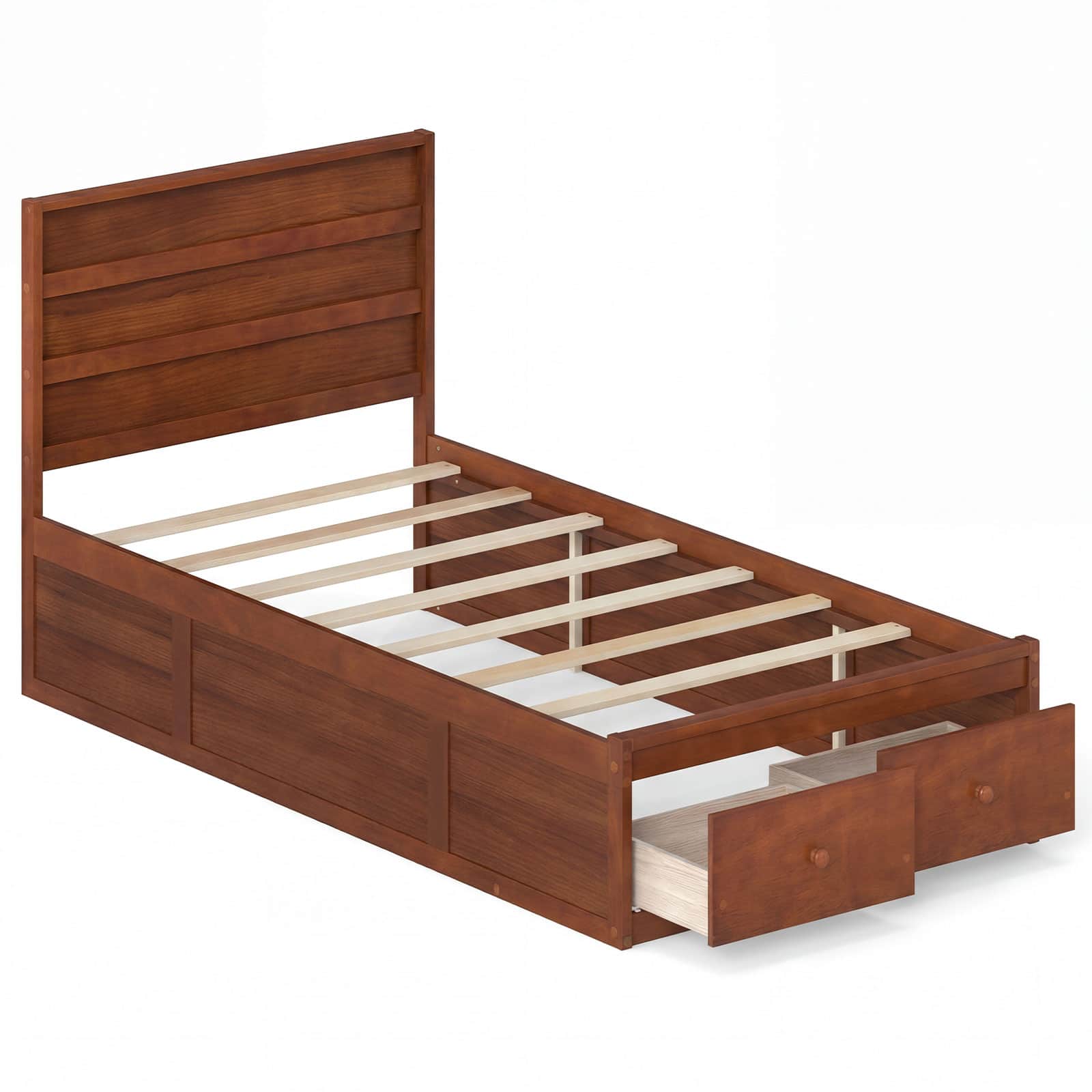 Gymax - Full Size Bed Frame w/Storage Drawers Headboard Wooden Slat&Enclosed Base Walnut - Brown