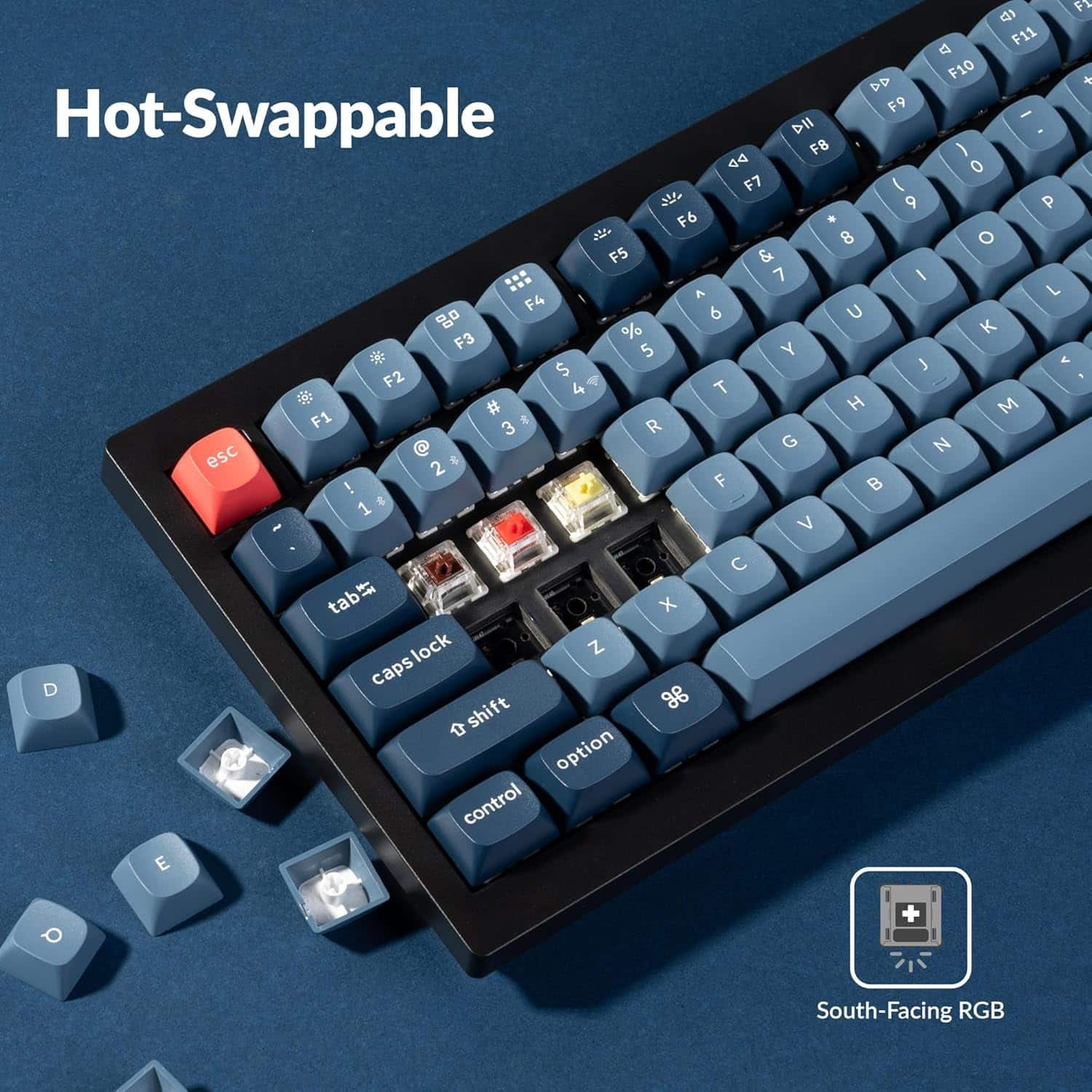 The text on the image is grouped and corrected as follows:
Hot-Swappable DII F8 ) d4 0 F7 ( 1 9 P F6 * a. 8 O F5 & 7 1 A L F4 6 U g % K F3 5 Y J < F2 $ 4 T . # H M F1 3 & R @ G N esc 2 ! F1 - V Fl tab X lock Z D caps shift g option control E a + South-Facing RGB