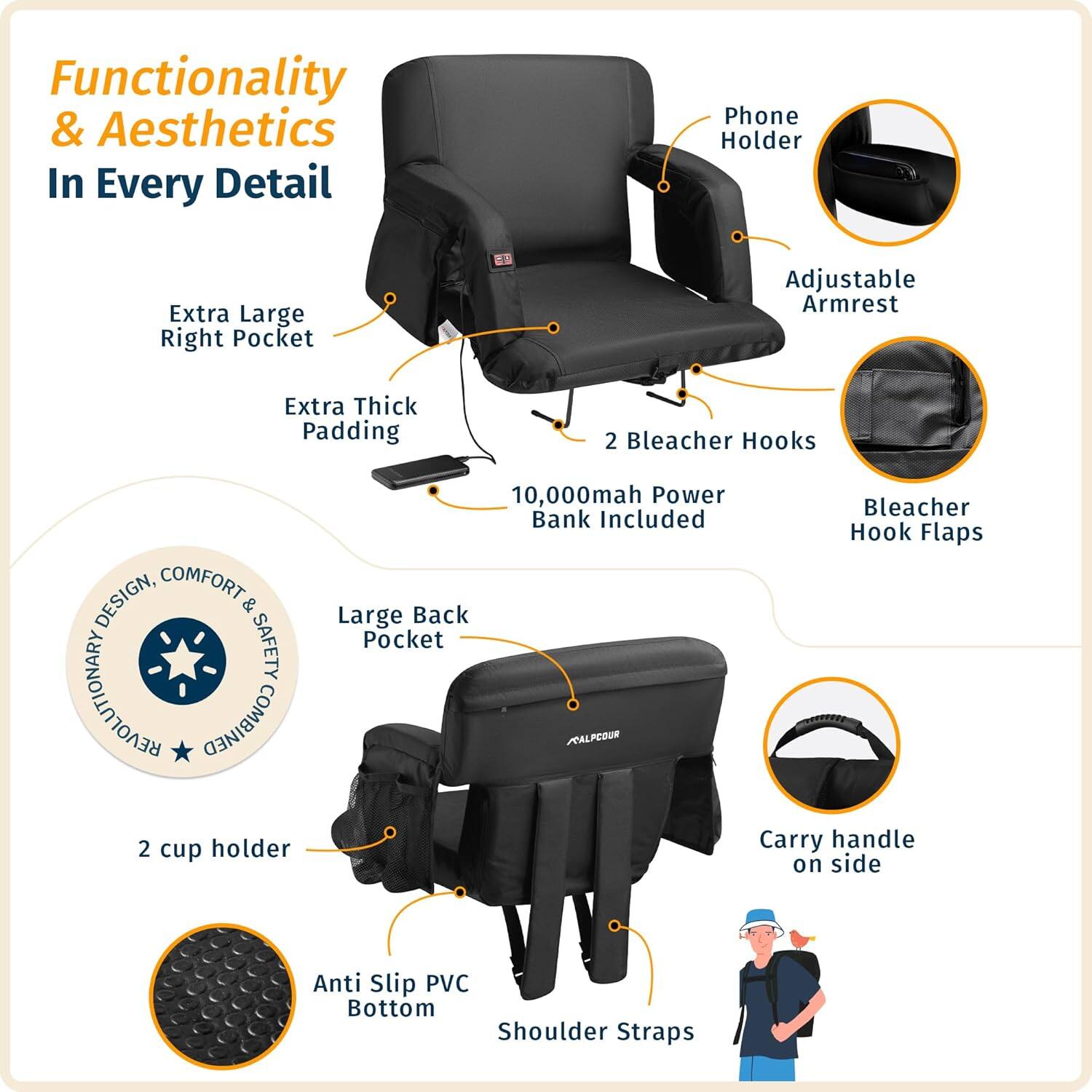 Functionality & Aesthetics In Every Detail

- Extra Large Right Pocket
- Extra Thick Padding
- 10,000mah Power Bank Included
- 2 Bleacher Hooks
- Large Back Pocket
- 2 cup holder
- Anti Slip PVC Bottom
- Adjustable Armrest
- Phone Holder
- Bleacher Hook Flaps
- Carry handle on side
- Shoulder Straps

DESIGN, COMFORT & SAFETY REVOLUTIONARY COMBINED