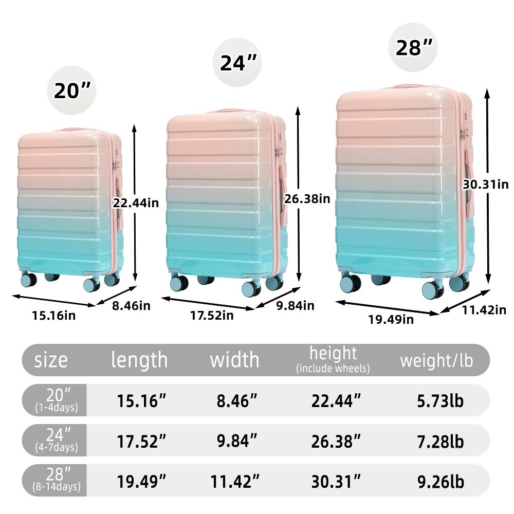 20"  
24"  
28"  
22.44in  
26.38in  
30.31in  
15.16in  
8.46in  
17.52in  
9.84in  
19.49in  
11.42in  
size 20" (1-4days)  
length 15.16"  
width 8.46"  
height weight/lb (include wheels) 22.44" 5.73lb  
24" (4-7days) 28" (8-14days)  
17.52" 19.49"  
9.84" 11.42"  
26.38" 30.31"  
7.28lb 9.26lb