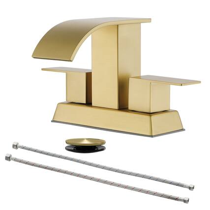 Front. Boyel Living - Brushed Gold 4 Inch Centerset Faucet SUS304 Waterfall Spout 1.2GPM Dual Handle Pop Up Drain - Brushed Gold.