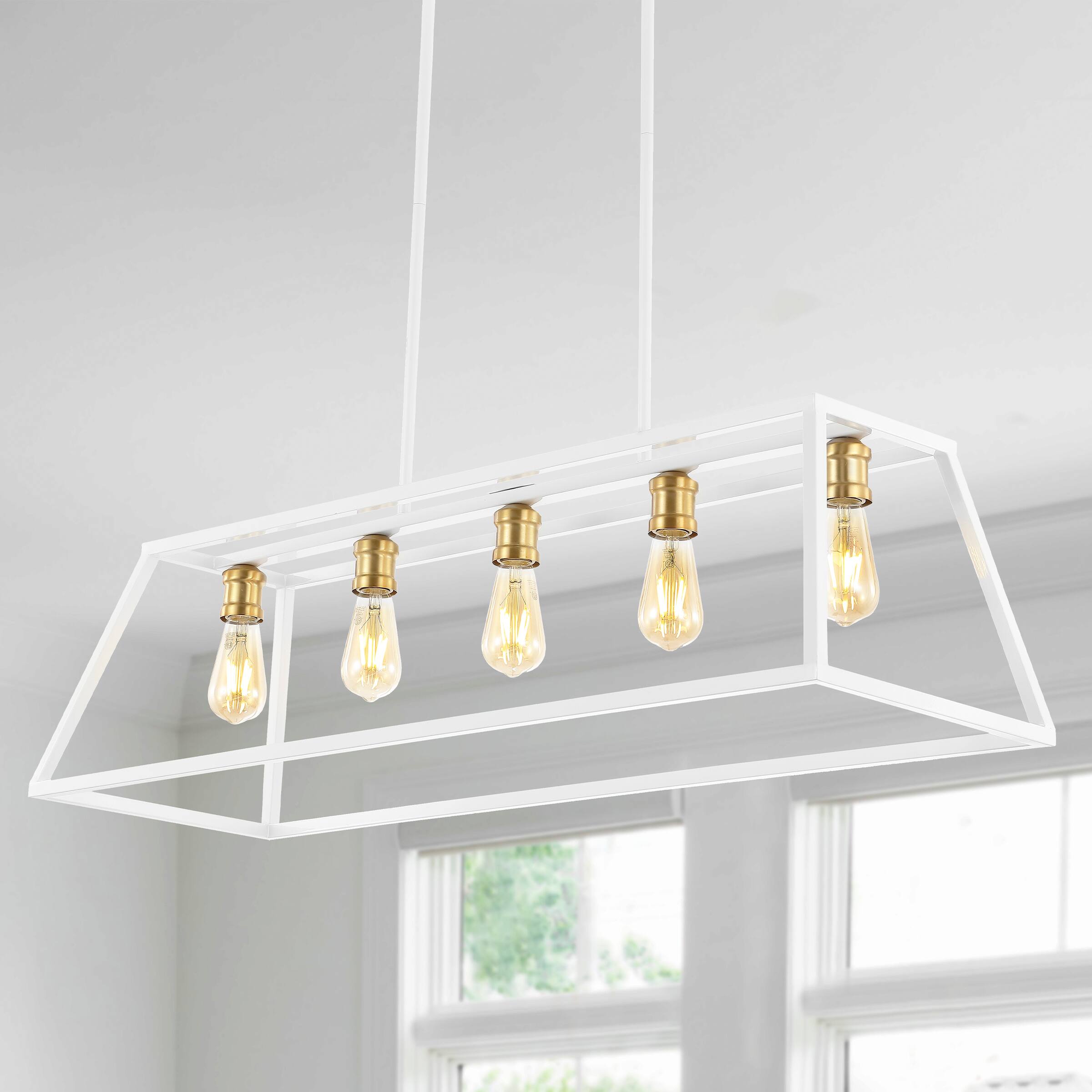 Alt View 1. Jonathan Y - Floyd 38" 5-Light Bohemian Farmhouse Iron Adjustable LED Pendant, White/Brass Gold - White.