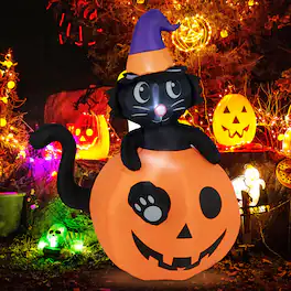 Costway - 5 FT Tall Halloween Inflatable Décor Black Cat Sitting in Pumpkin w/ LED Lights - Orange/Purple