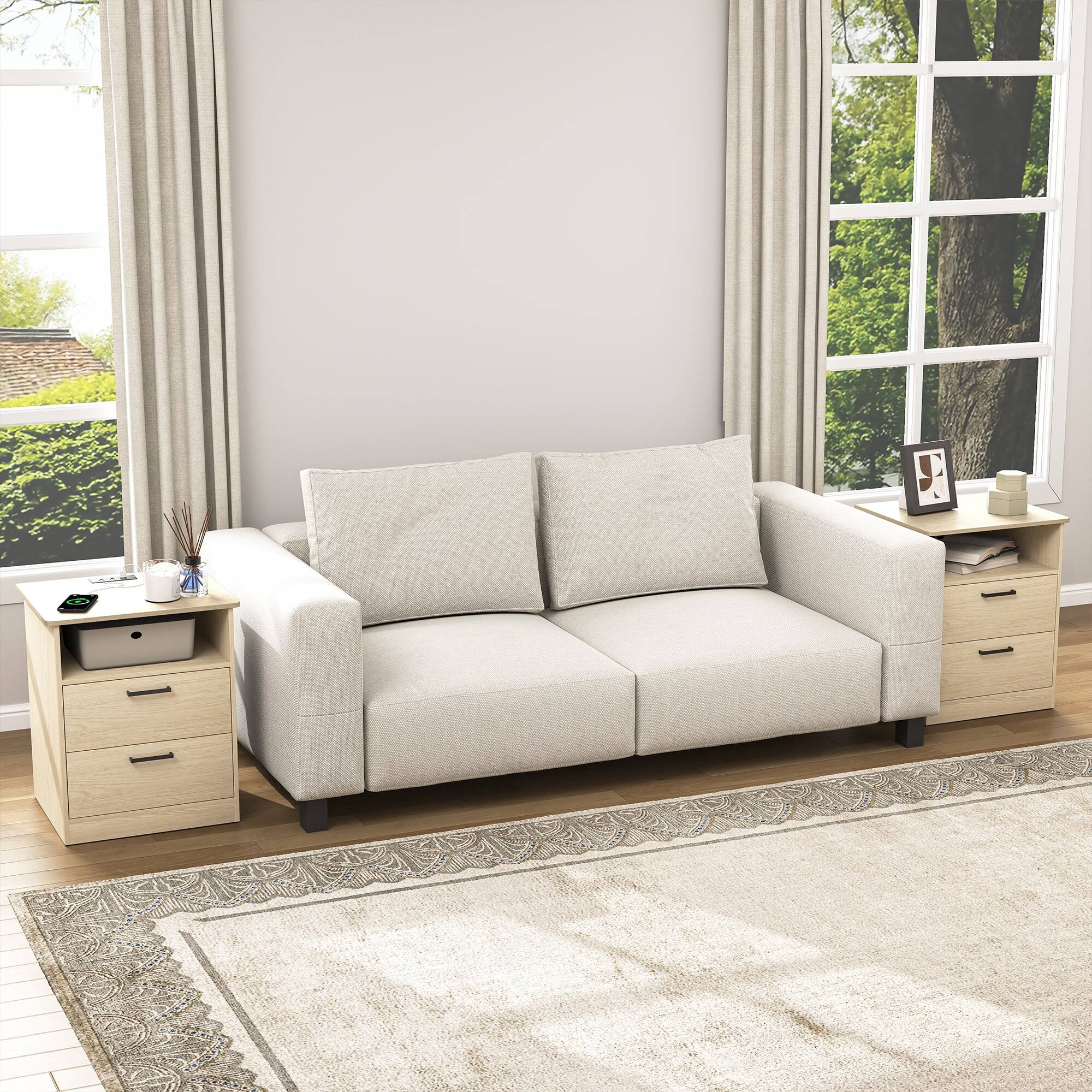 Back. Kadyn - Kadyn Wood Nightstand With Charging Station, Bedside Table With 2 Drawers, Bedroom, Light Brown - Light Brown.