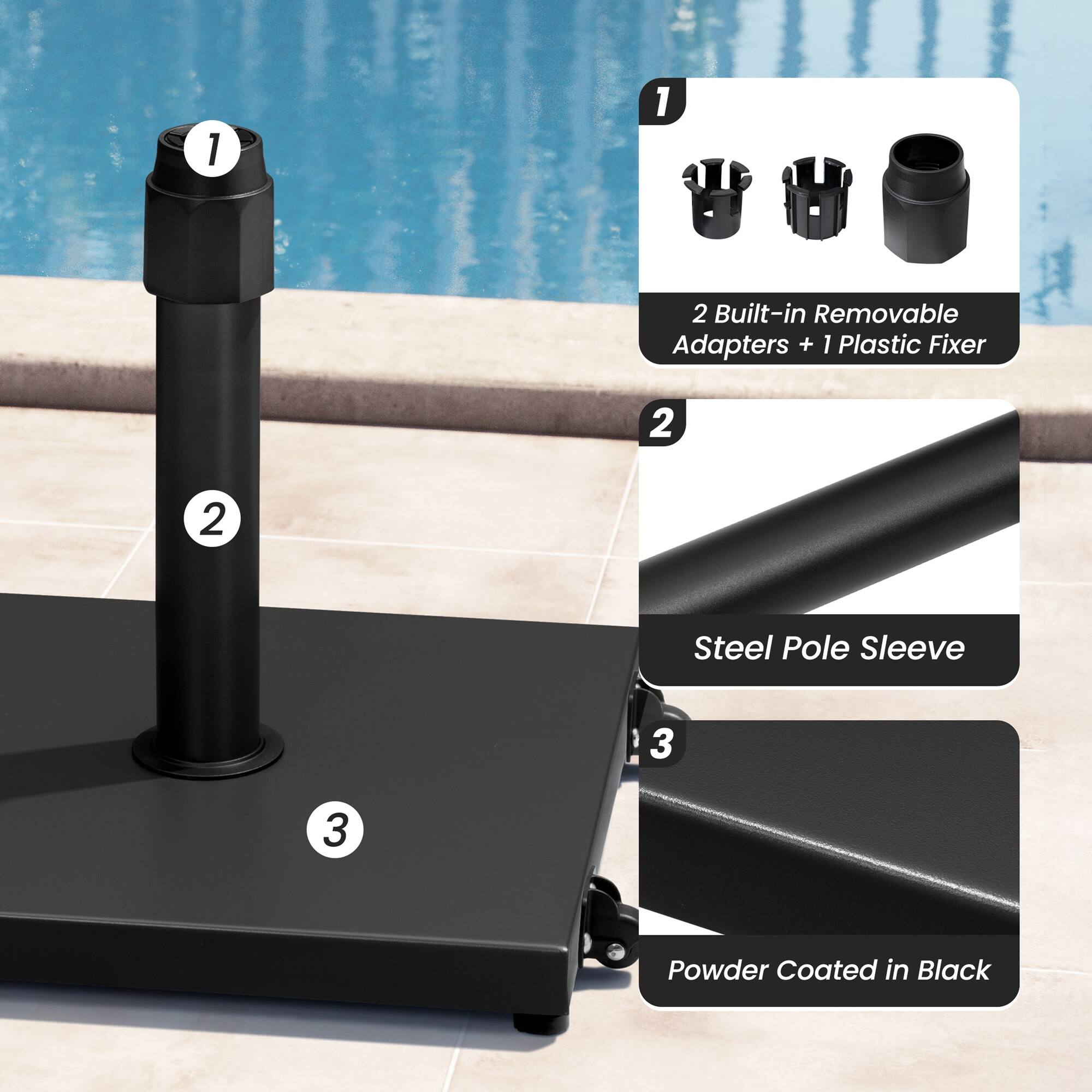 1. 2 Built-in Removable Adapters + 1 Plastic Fixer  
2. Steel Pole Sleeve  
3. Powder Coated in Black
