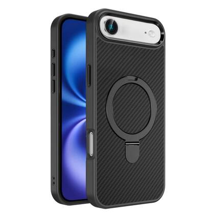Front. Kitcheniva - Carbon Fiber Print Metal Stand Magnetic Phone Case With Tempered Glass For iPhone Air Black - Black.