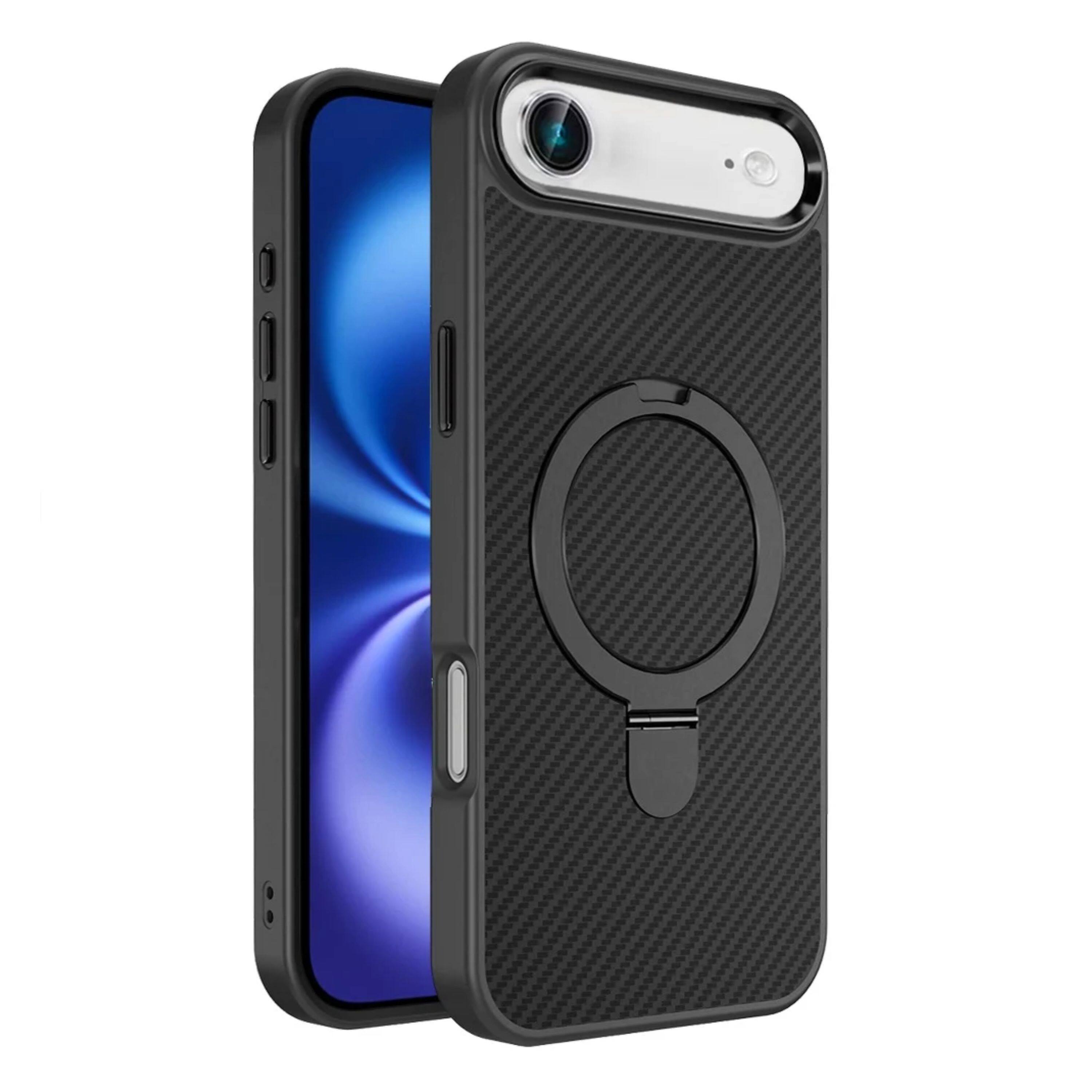 Front. Kitcheniva - Carbon Fiber Print Metal Stand Magnetic Phone Case With Tempered Glass For iPhone Air Black - Black.
