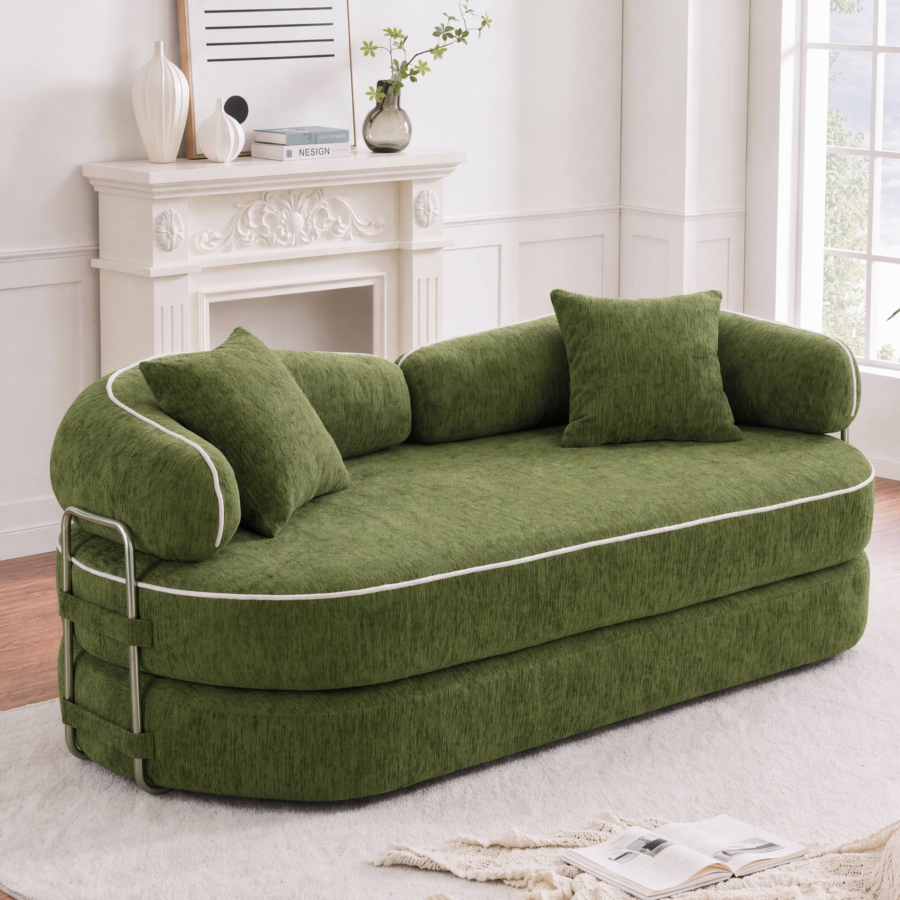 Angle. Vipbear - Curved Loveseat with 4 Pillows, Modern Boneless Couch, Convertible Sleeper Sofa Bed - green.