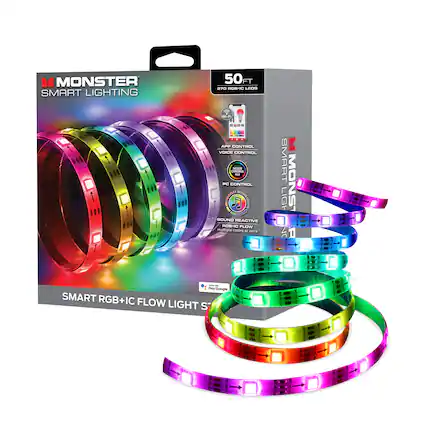 MONSTER SMART LIGHTING
50 FT
270 RGBIC LEDs
Wi-Fi
APP CONTROL
VOICE CONTROL
PC CONTROL
SOUND REACTIVE
RGBIC FLOW
multiple colors at once
SMART RGB+IC FLOW LIGHT STRIP
Works with Google Assistant