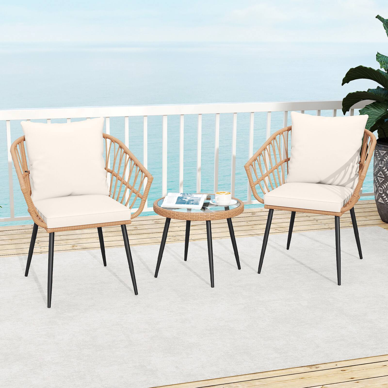 Alt View 3. Costway - Costway 3PCS Patio Bistro Set with Soft Cushions, Tempered Glass Coffee Table & Metal Frame - Natural + Off White.