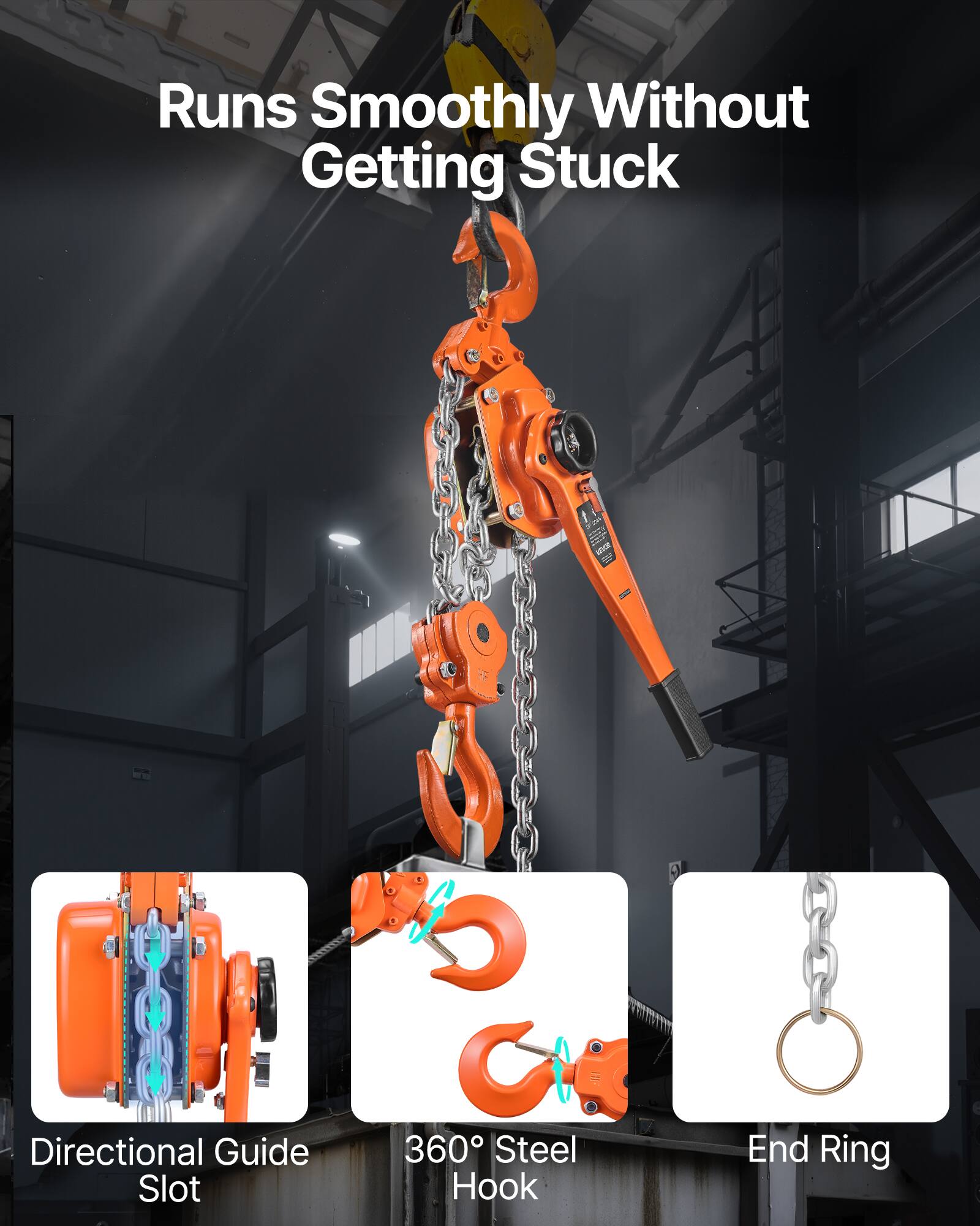 Runs Smoothly Without Getting Stuck

- Directional Guide Slot
- 360° Steel Hook
- End Ring