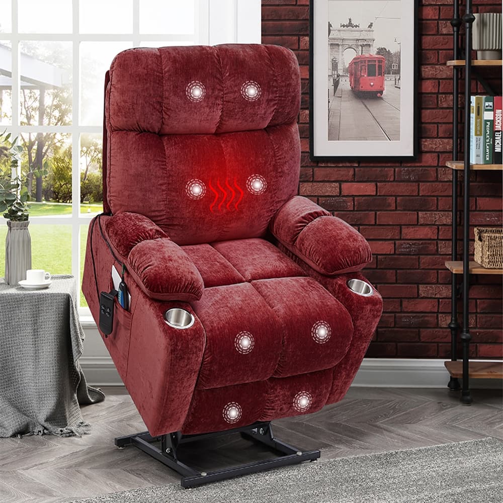 Ropilly - Dual OKIN Motor Power Lift Recliner, Infinite Position Lay Flat Chair with Heat and Vibration Massage - Red