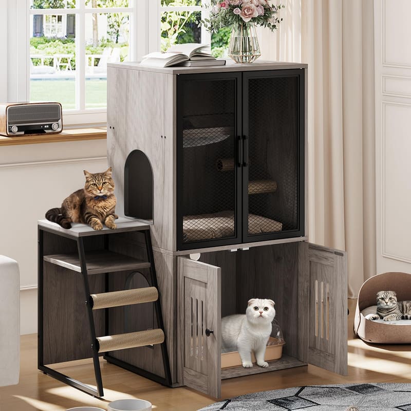 GARVEE - Cat Litter Box Enclosure with Ladder and Doors for 2 Cats,Double Cat House with Storage Space - Gray