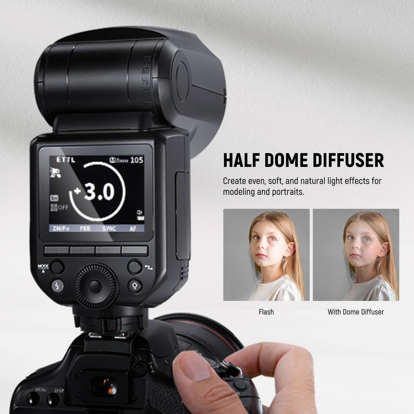 ETTL 200m 105 + 3.0 OFF HALF DOME DIFFUSER  
Create even, soft, and natural light effects for modeling and portraits.  
ZM/F FEB SYNC AF  
Q Flash With Dome Diffuser  

HALF DOME DIFFUSER  
Create even, soft, and natural light effects for modeling and portraits.  

Flash  
With Dome Diffuser