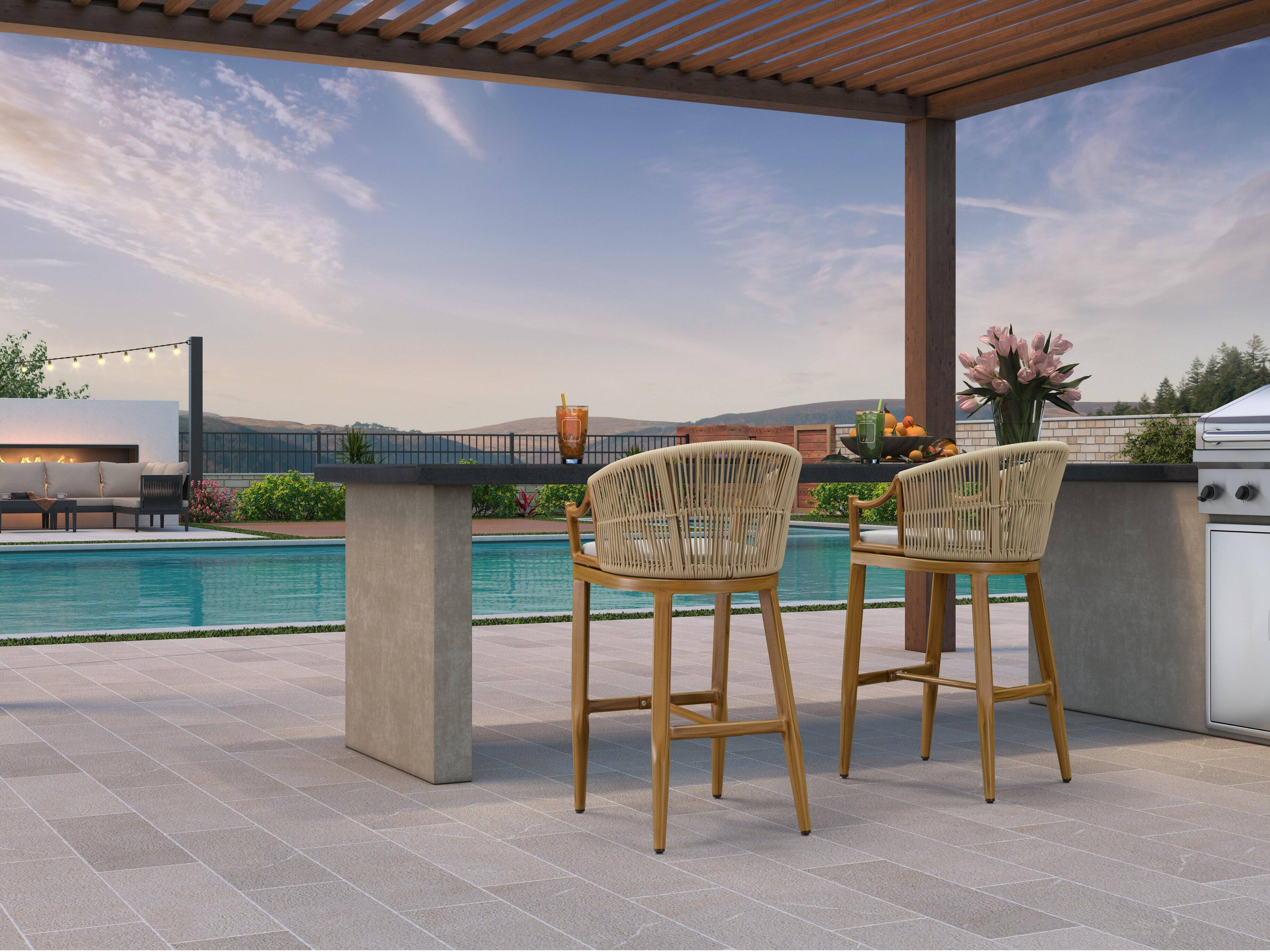 Alt View 2. PURPLE LEAF - Patio Bar Height Set of 2 Outdoor Rattan Chairs with Back Modern Aluminum Woven Barstools for Garden Indoor Kitchen - Teak-Bar Stool.