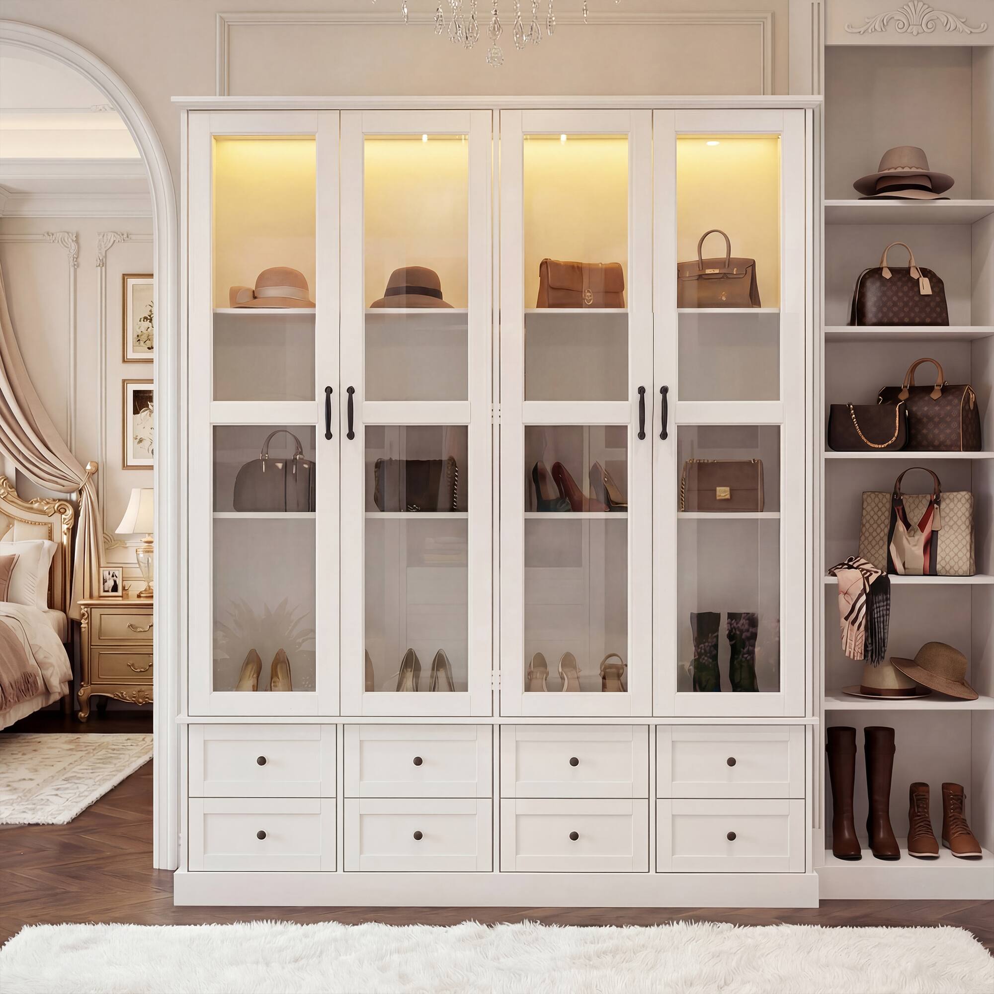 Angle. Famapy - French Style Glass Display Cabinet with Storage Drawers and Anti-Tip Design.