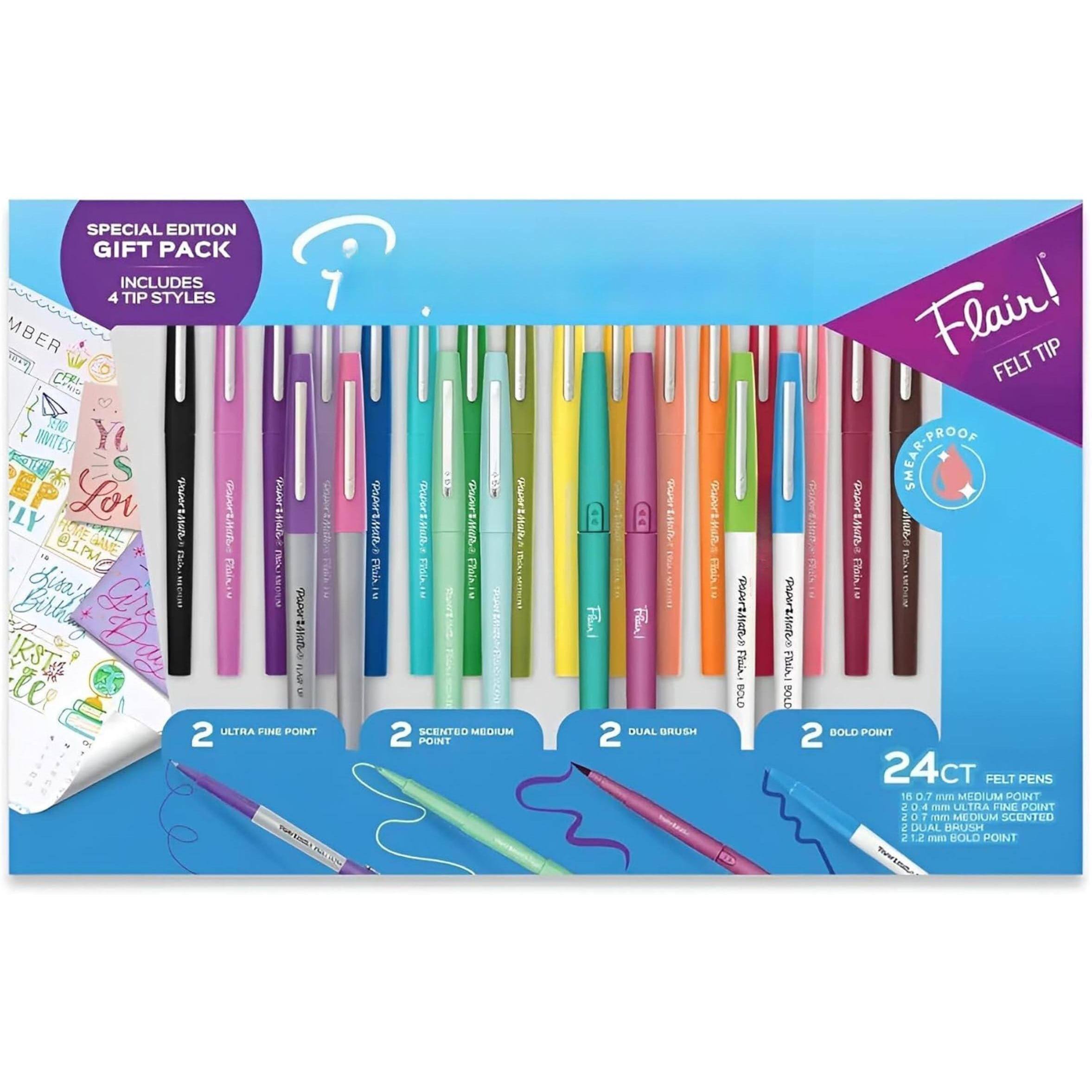 SPECIAL EDITION GIFT PACK  
INCLUDES 4 TIP STYLES

Flair!  
FELT TIP

2 ULTRA FINE POINT  
2 SCENTED MEDIUM POINT  
2 DUAL BRUSH  
2 BOLD POINT

24ct FELT PENS  
16 0.7mm MEDIUM POINT  
2 0.4mm ULTRA FINE POINT  
2 DUAL BRUSH 1.2mm MEDIUM SCENTED  
2 1.2mm BOLD POINT

SHAKE-PROOF  
FELT TIP
