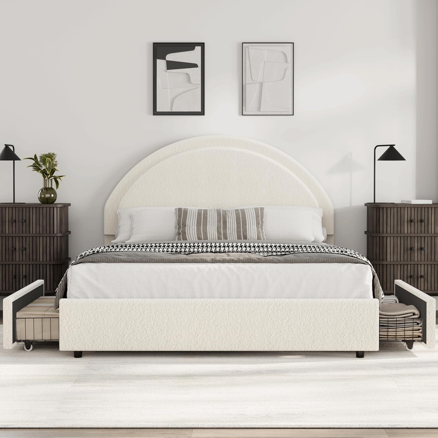 Alt View 2. Homhougo - Queen Boucle Bed Frame with Storage Drawers, Beige Upholstered Platform Bed with Round Headboard, Sturdy - Beige.